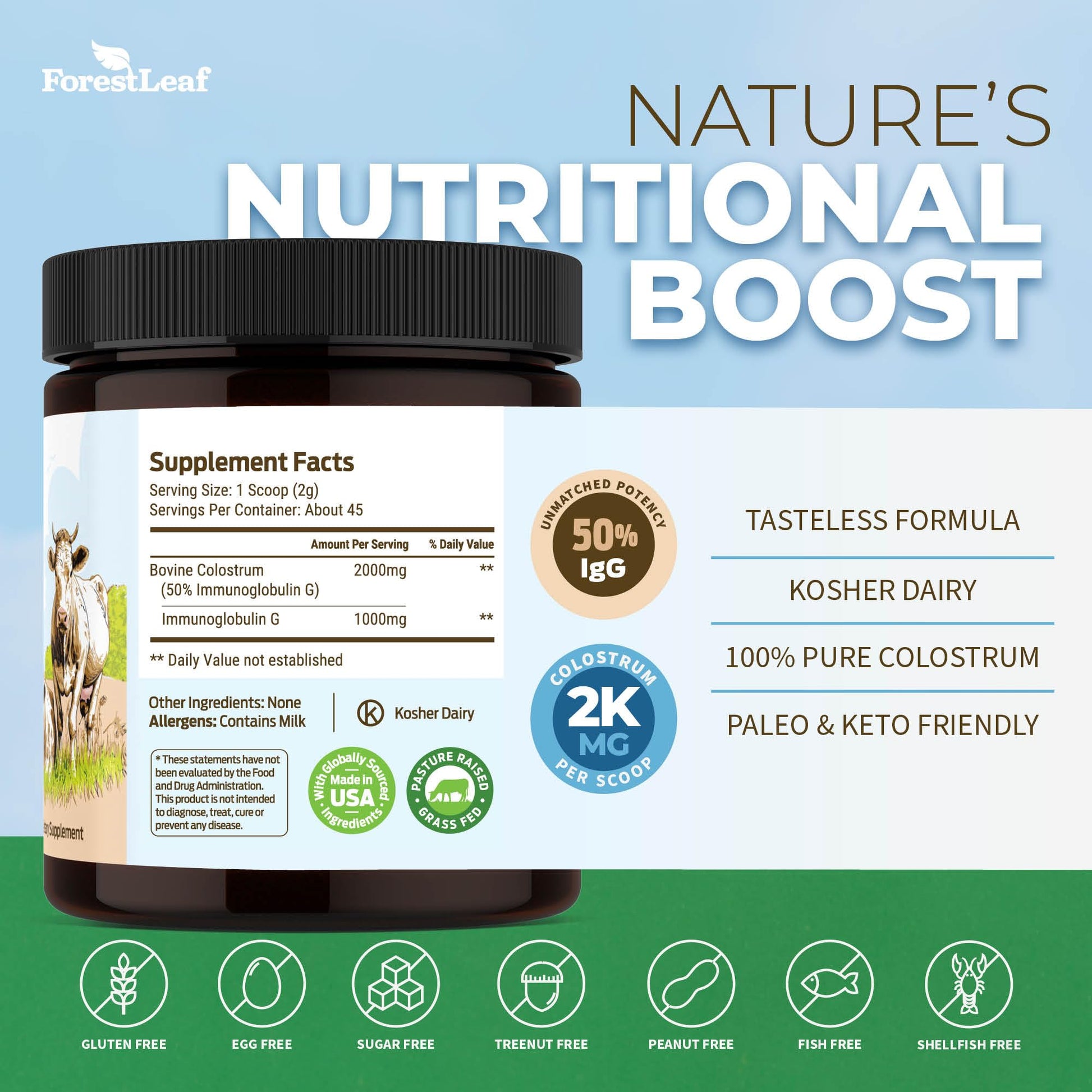 ForestLeaf Colostrum Powder 50% IgG Highest Concentration - Grass Fed Bovine ForestLeaf buy supplements canada