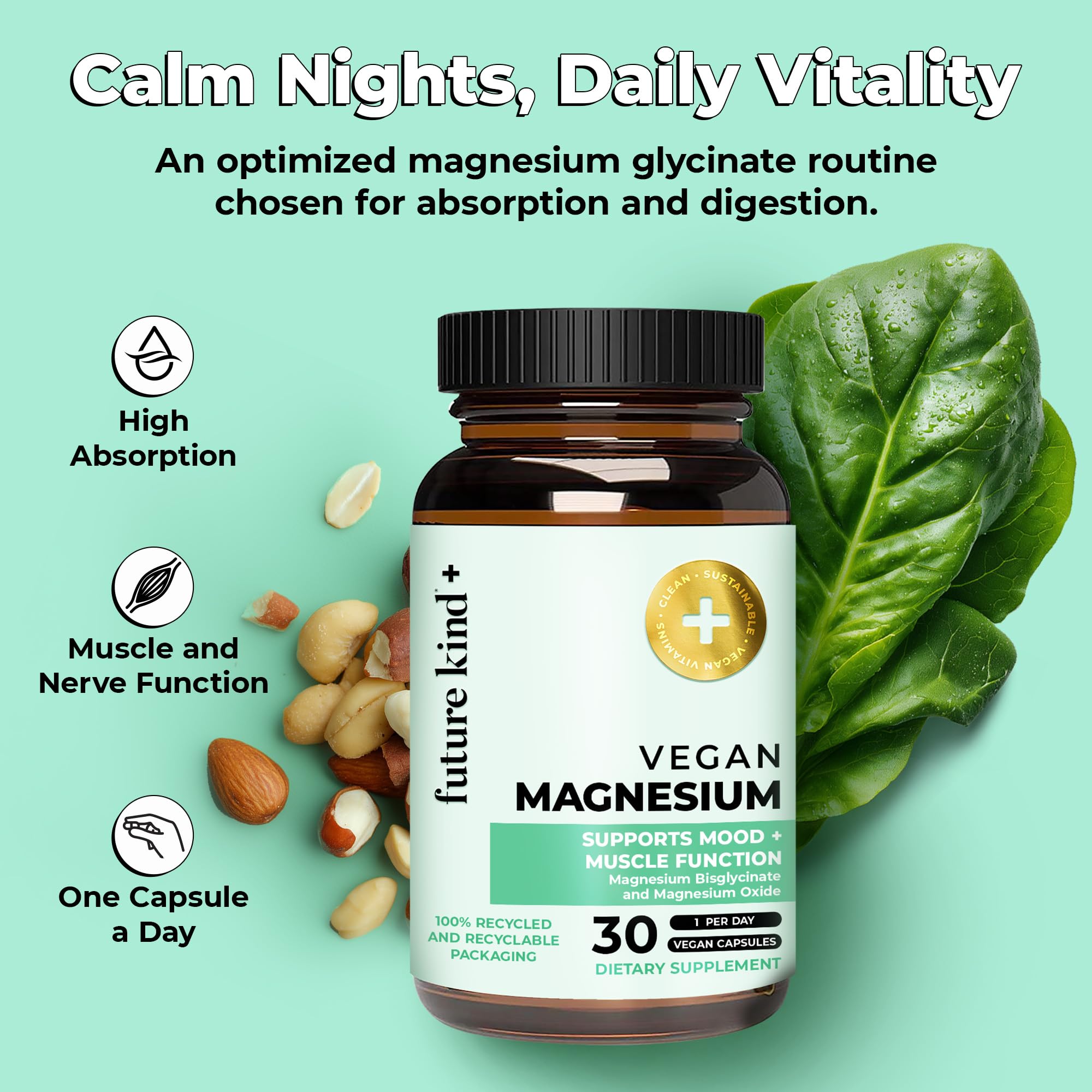 Future Kind Magnesium Glycinate, Supports Muscle and Nerve Function, High Absorption Chelated Magnesium Supplement, Nightly Calm, Energy & Metabolism, Highly Bioavailable & Potent - 30 Vegan Capsules Future Kind buy supplements canada