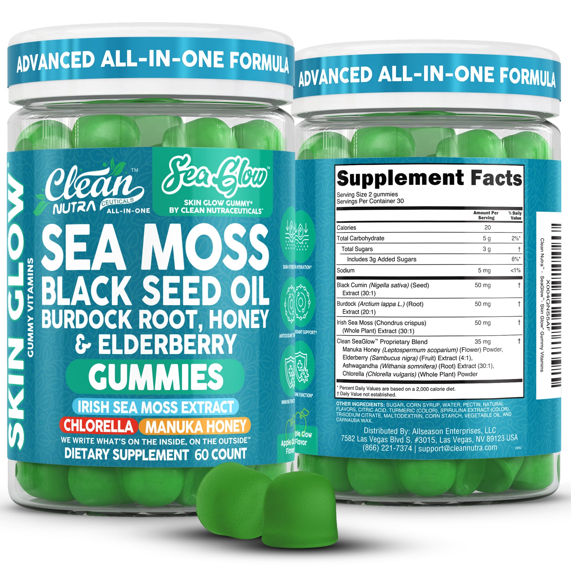 Clean Nutra Sea Moss Gummies Black Seed Oil Chlorella Ashwagandha Root Hair Growth Skin Glow Irish Sea Moss Elderberry Burdock Manuka Honey Trace Minerals Detox 60 Gummy Vitamins Sea Glow Supplement Clean Nutraceuticals buy supplements canada