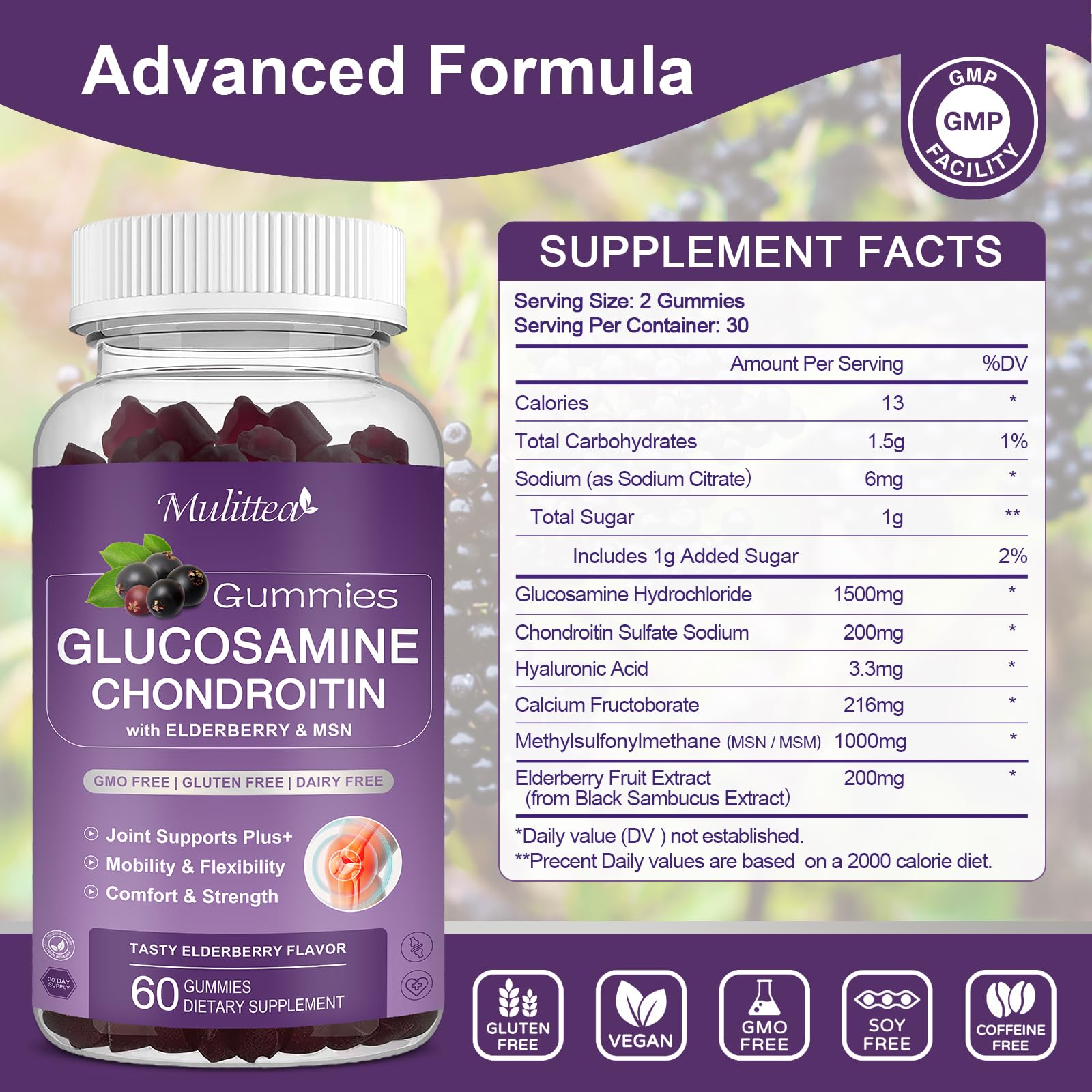 Mulittea Glucosamine Chondroitin Gummies - Extra Strength Joint Support Supplement with MSM & Elderberry for Natural Joint, Antioxidant Immune Support for Adults, Men & Women-(2 Pack) Mulittea buy supplements canada