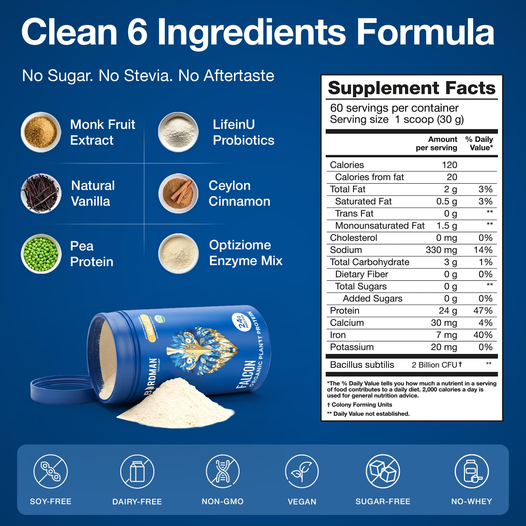 BIRDMAN Falcon Organic Vegan Protein Powder Vanilla, 24g Protein, Sugar Free, Probiotics, Low Carb, Keto Friendly, Dairy Free, Lactose Free, Non Whey BIRDMAN buy supplements canada