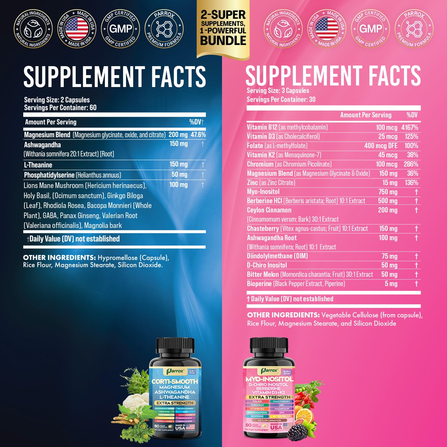 Parrox Cortisol & Myo-Inositol Supplement Bundle, Soothe & Smooth Bundle, 13-in-1 Cortisol Balance, Magnesium, Ashwagandha, L-Theanine, D-Chiro Inositol, Folate, Berberine, Chasteberry (150 Capsules) Parrox buy supplements canada