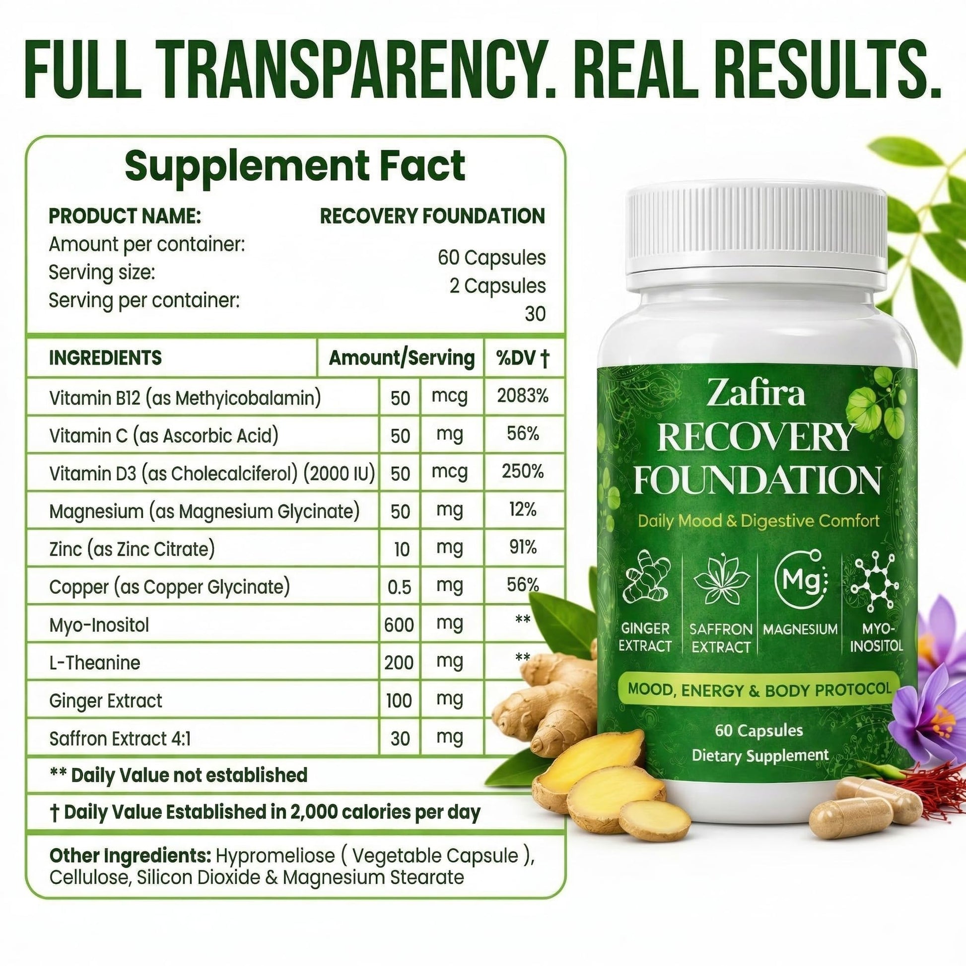 DYDUON Zafira Recovery Foundation Capsules – Mental Clarity, Hair & Mood Support, Natural Herbal Formula with Saffron Extract, Ginger Extract, L-Theanine, Myo-Inositol, Non-GMO, 60 Capsules DYDUON buy supplements canada