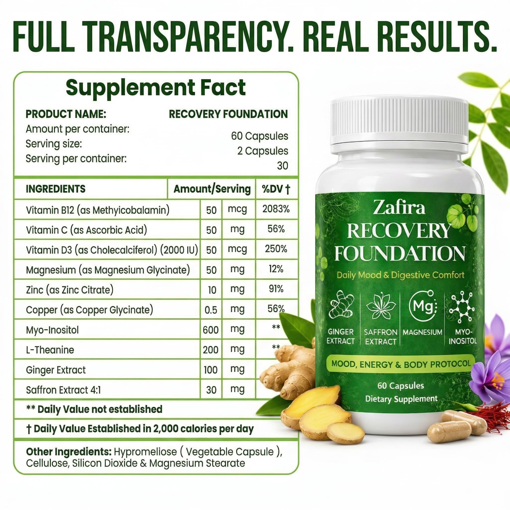 DYDUON Zafira Recovery Foundation Capsules – Mental Clarity, Hair & Mood Support, Natural Herbal Formula with Saffron Extract, Ginger Extract, L-Theanine, Myo-Inositol, Non-GMO, 60 Capsules DYDUON buy supplements canada