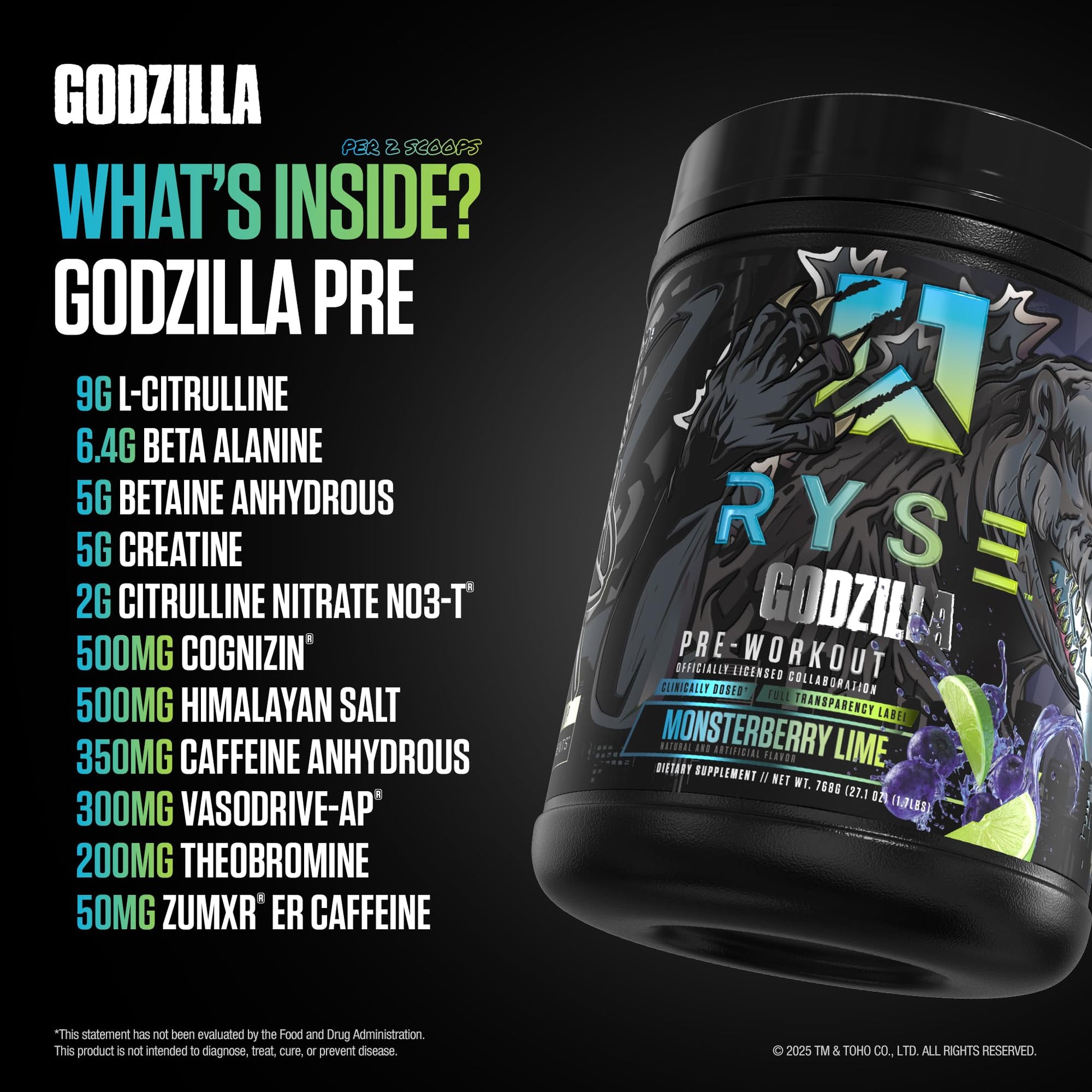 RYSE Godzilla X Noel Deyzel Pre Workout Powder - Monsterberry Lime - 400mg Caffeine, High Stim Pre-Workout for Men & Women with Citrulline & Beta Alanine - Energy, Pump & Focus - 20/40 Servings RYSE Up Supplements buy supplements canada