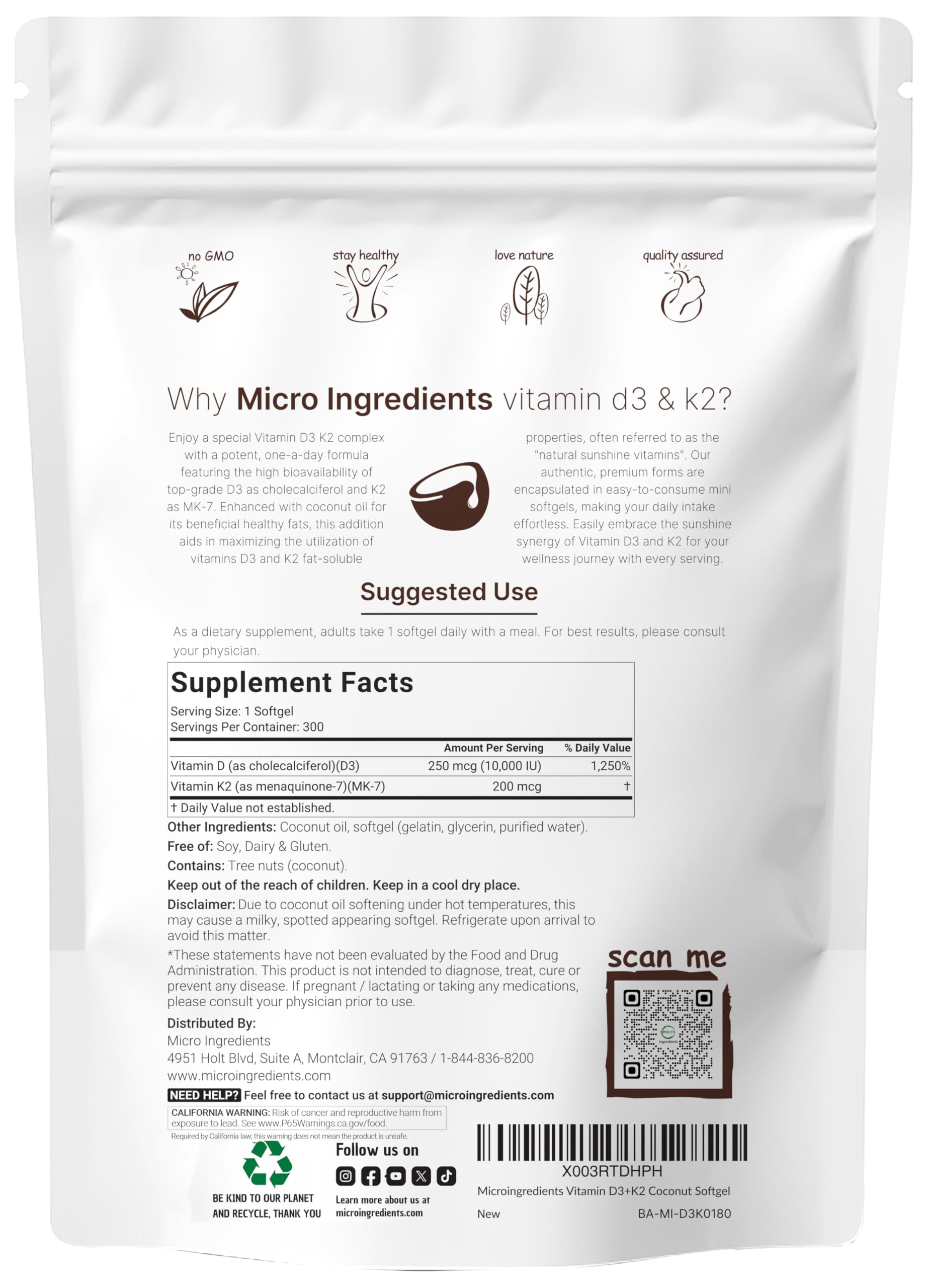 Micro Ingredients Vitamin D3 10,000 IU + K2 MK-7 200 mcg, 300 Softgels with Virgin Coconut Oil | 2-in-1 Vitamins D & K Complex Micro Ingredients buy supplements canada