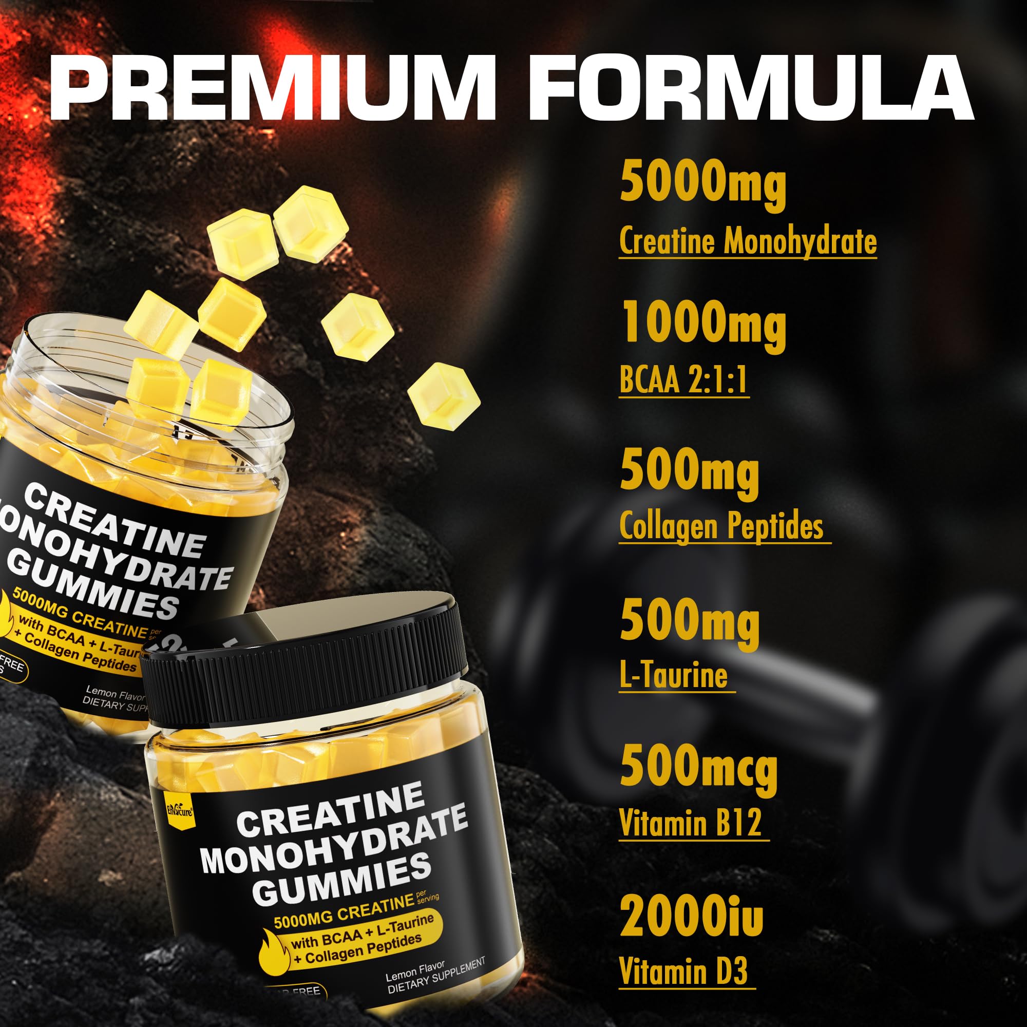 Creatine Monohydrate Gummies for Men & Women - with BCAA, Collagen Peptides, L-Taurine, Vitamin B12, D3, Chewables Creatine Monohydrate 5g Per Serving, Natural Lemon Flavor, Sugar Free, 2 Pack EnvyCure buy supplements canada