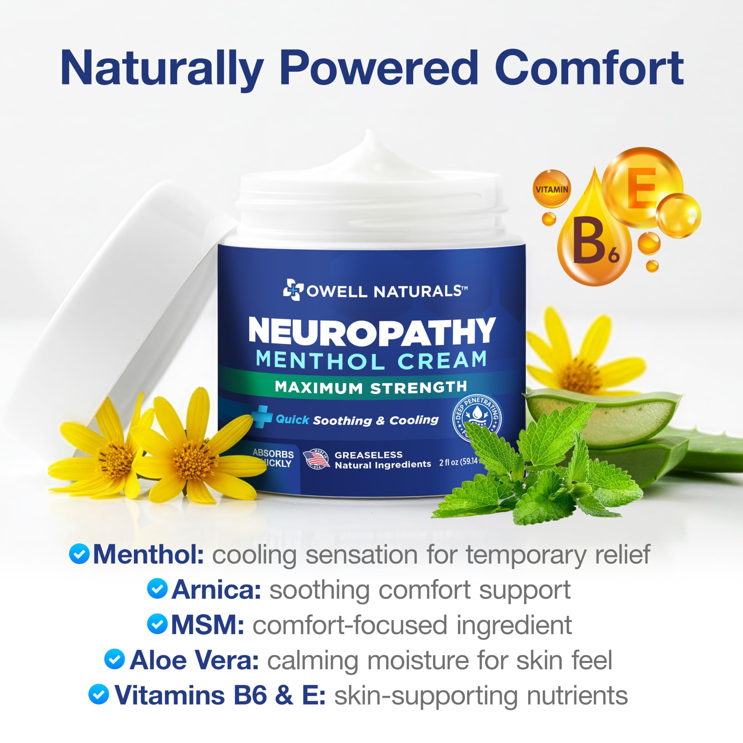 Owell Naturals Neuropathy Cream Extra Strength – Fast Absorbing Cooling for Leg, Feet & Hands – Advanced Soothing Formula with Aloe Vera, Arnica, MSM & Vitamin B6 – Made in USA, 2 fl oz Owell Naturals buy supplements canada