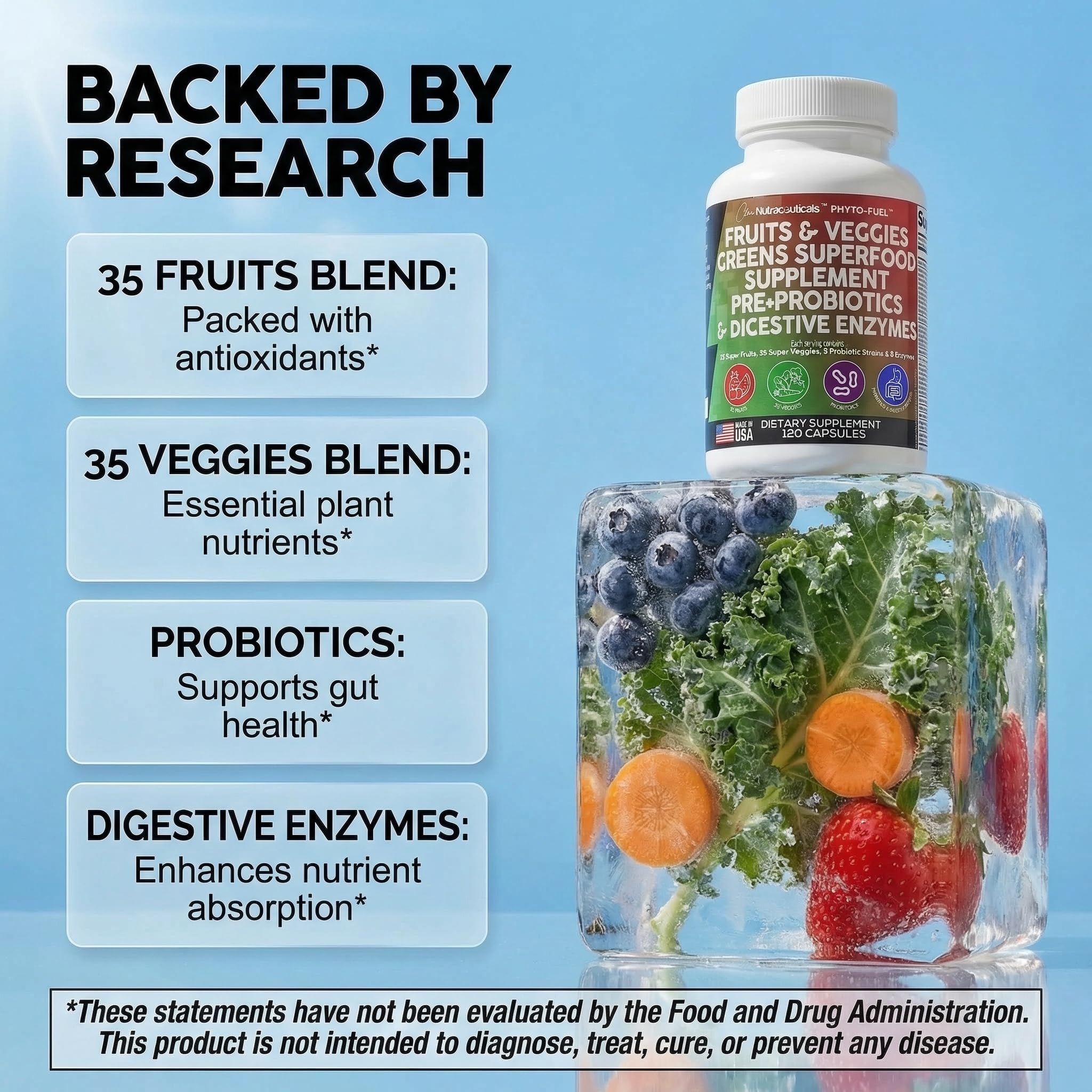 Clean Nutraceuticals Fruits and Veggies Supplement Reds & Green Superfood - Balance of Over 70 Fruit & Vegetable Supplements Capsules with Probiotics Prebiotics Digestive Enzymes - 120 Ct USA Clean Nutraceuticals buy supplements canada