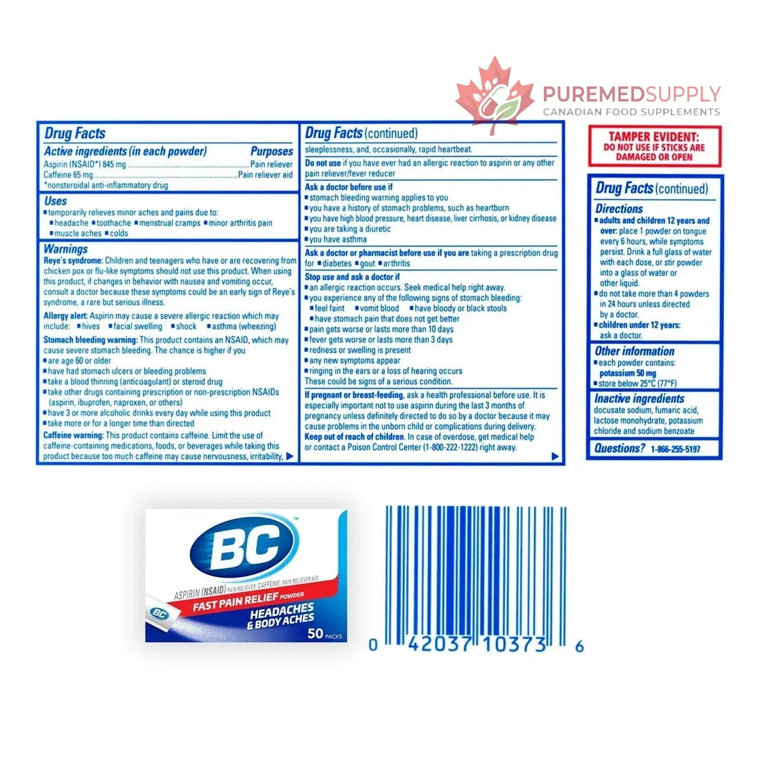 BC Powder Original Strength Pain Reliever, 50 Powder Sticks, 50 Count(Pack of 6) BC buy supplements canada