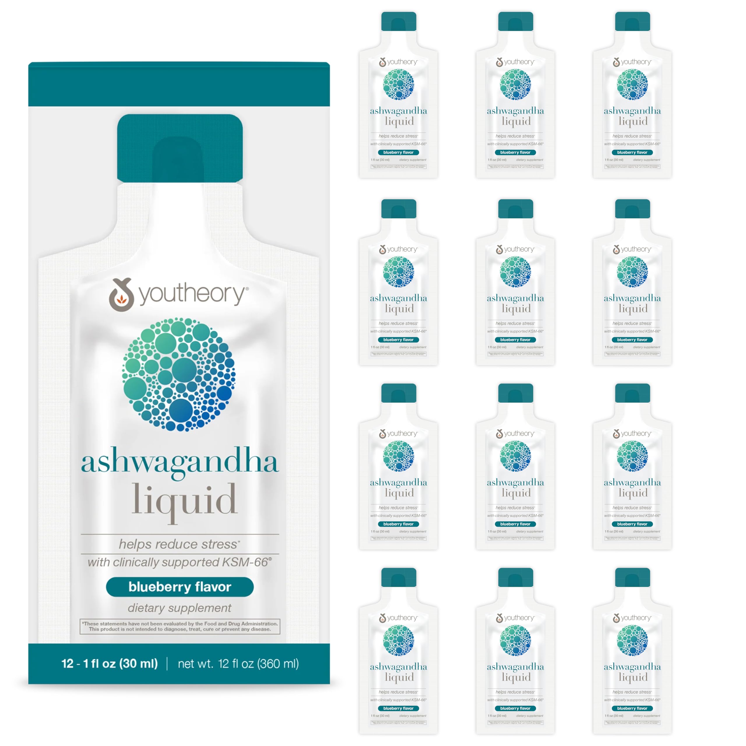 Youtheory Ashwagandha Liquid - with Organic KSM-66 Ashwagandha - Herbal Blend to Support Stress Relief & Energy Levels* - Helps Support Mood* - 1 oz Single Serve Packet, Pack of 12 Youtheory buy supplements canada