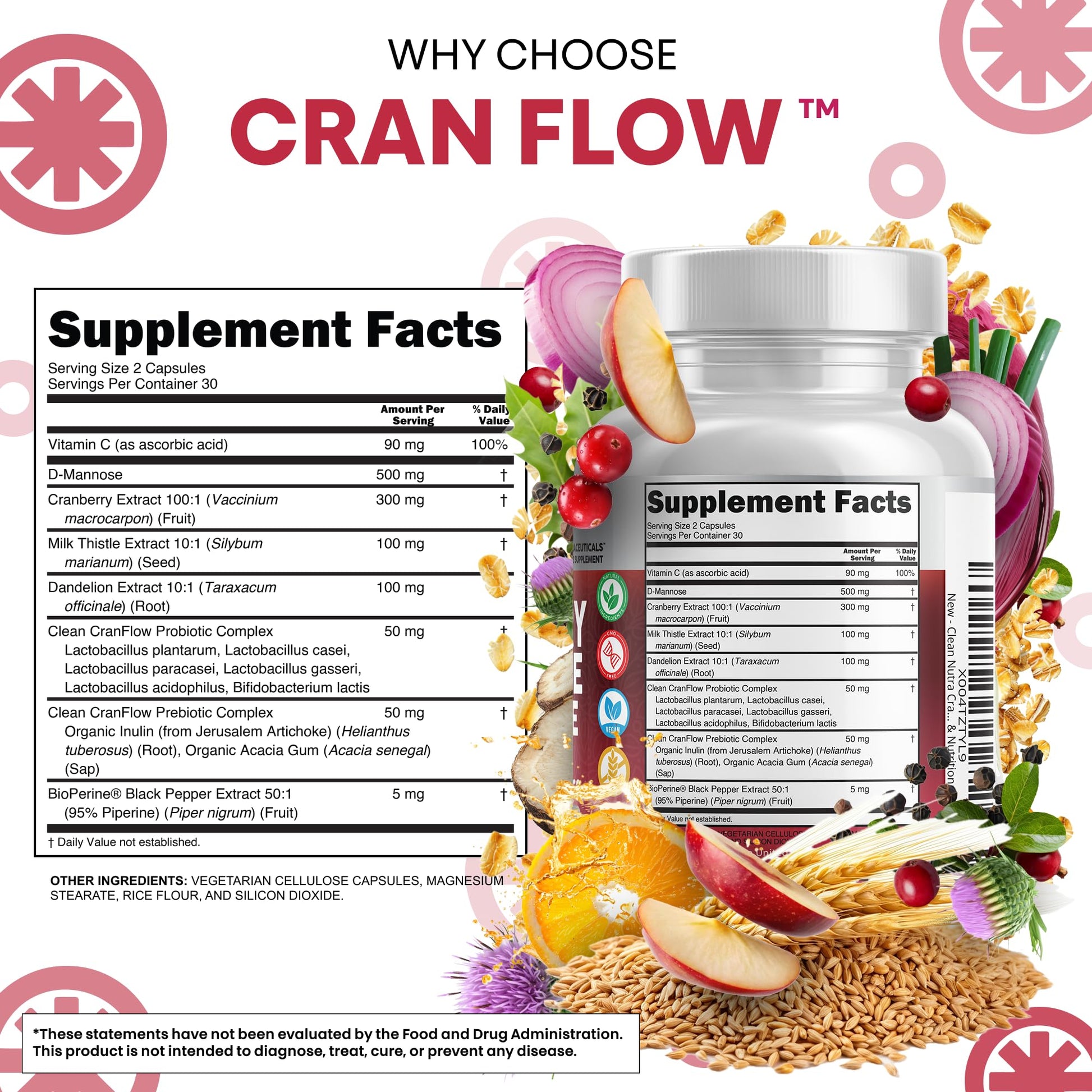 Cran Flow Cranberry Pills for Urinary Health D-Mannose Milk Thistle Dandelion Inulin Vitamin C Prebiotics and Probiotics Bladder Support By Clean Nutra Clean Nutraceuticals buy supplements canada