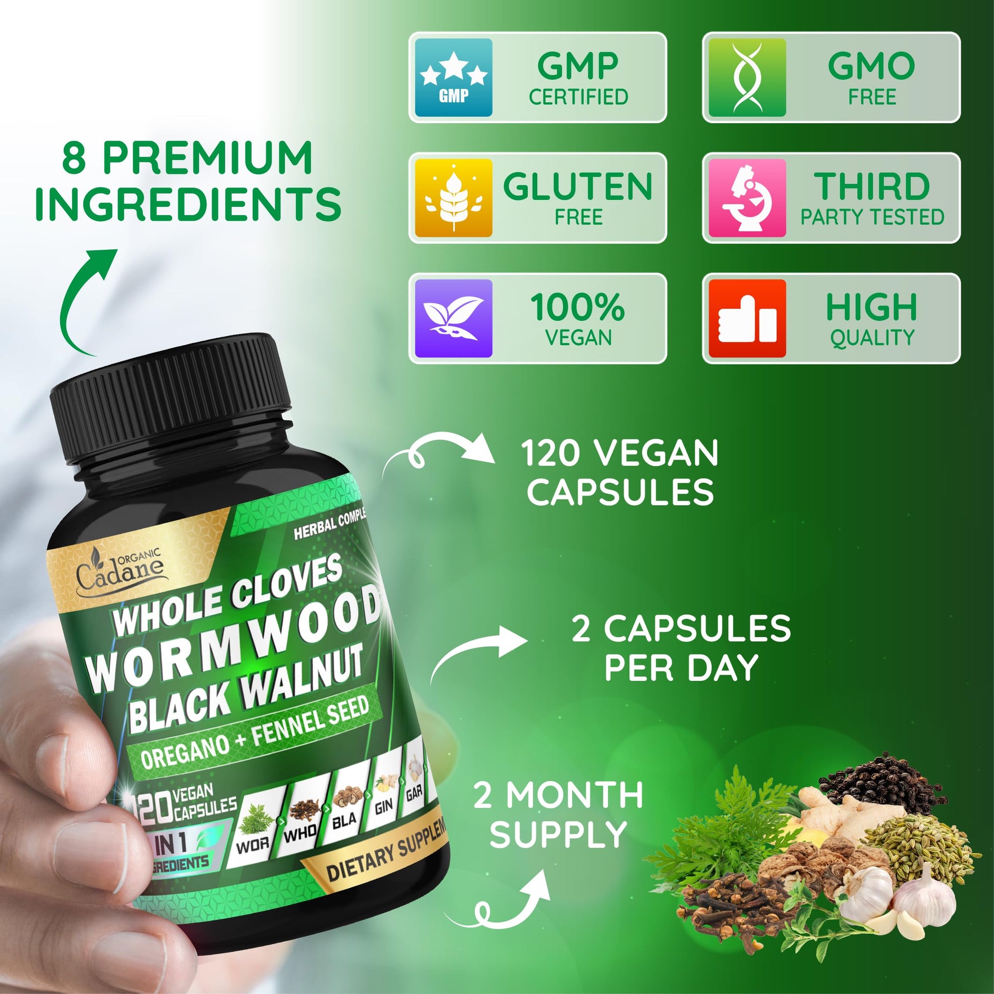 Cadane Wormwood Whole Cloves Black Walnut with Ginger, Garlic, Oregano, Fennel & Black Pepper | Digestive & Wellness Support | 120 Capsules – 60-Day Organic Cadane buy supplements canada