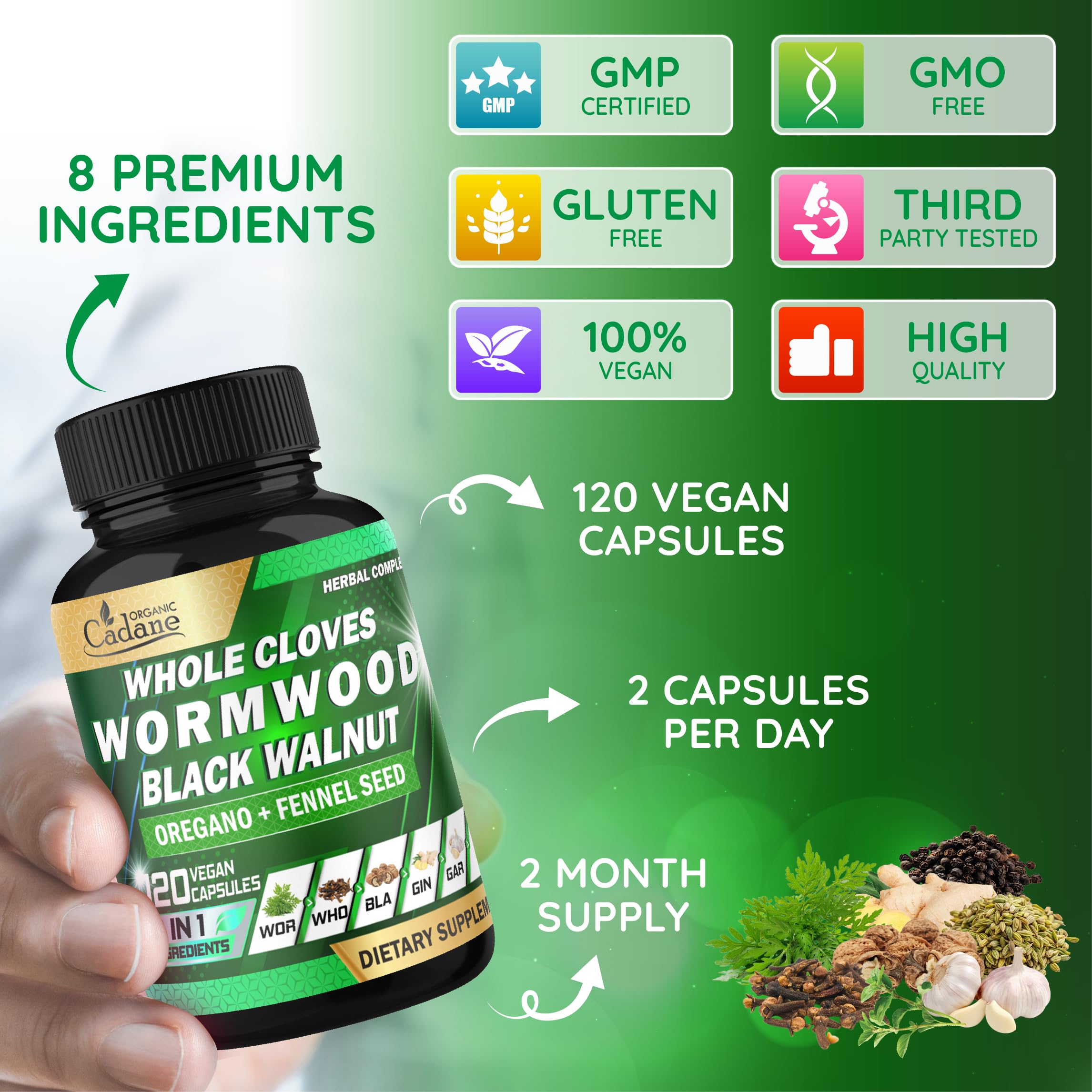 Cadane Wormwood Whole Cloves Black Walnut with Ginger, Garlic, Oregano, Fennel & Black Pepper | Digestive & Wellness Support | 120 Capsules – 60-Day Organic Cadane buy supplements canada