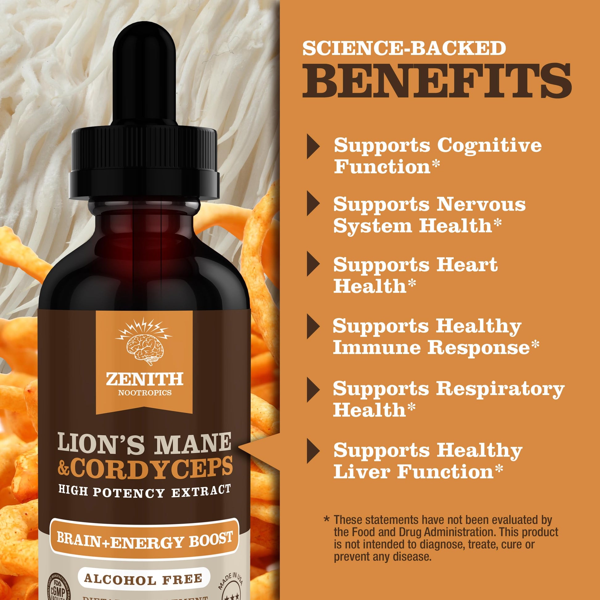 Zenith Nootropics Lion’s Mane & Cordyceps Supplement – Brain & Energy Support – Focus, Memory, Clarity, Immunity – Vegan, Alcohol-Free Tincture – Up-to 2-Month Supply, 2 fl oz Zenith Nootropics buy supplements canada