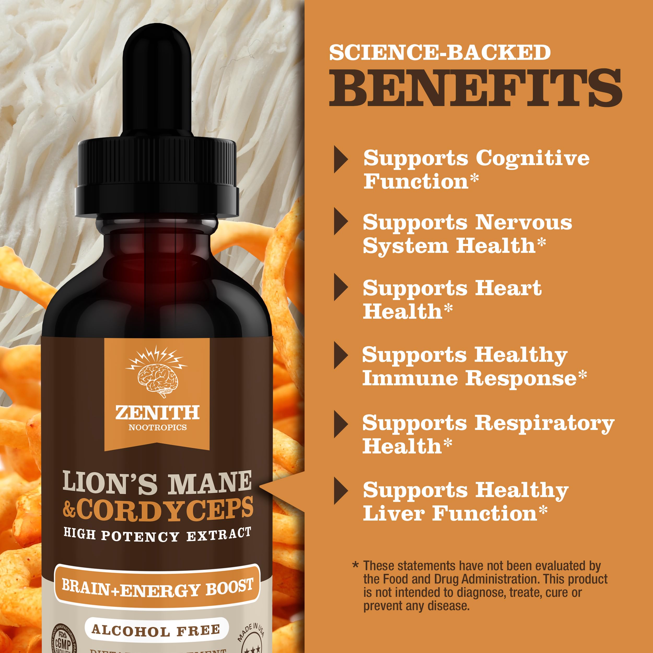 Zenith Nootropics Lion’s Mane & Cordyceps Supplement – Brain & Energy Support – Focus, Memory, Clarity, Immunity – Vegan, Alcohol-Free Tincture – Up-to 2-Month Supply, 2 fl oz Zenith Nootropics buy supplements canada