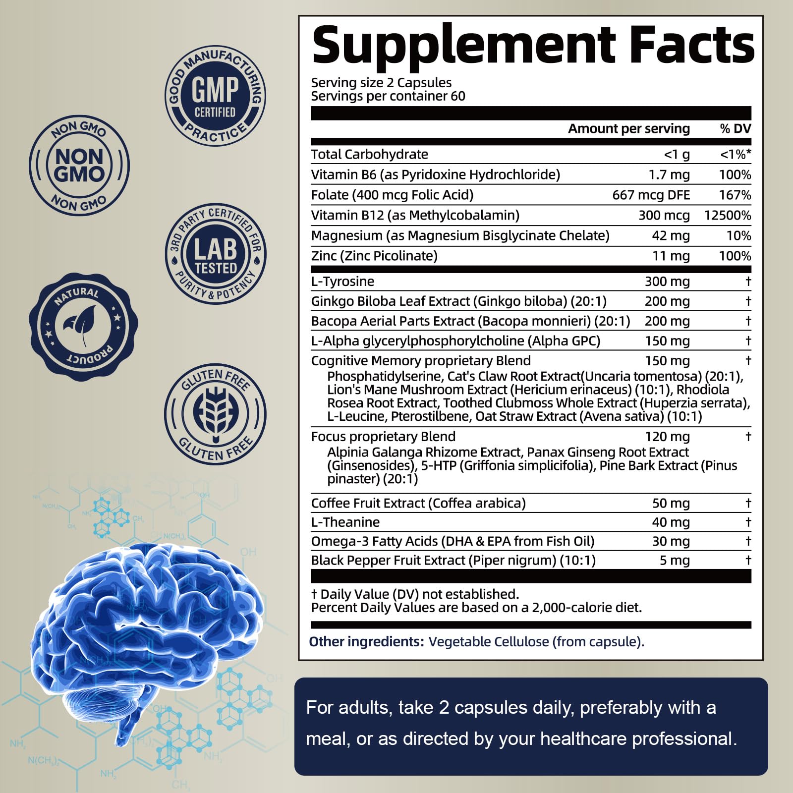 25 in 1 Brain Supplements for Memory and Focus & Neuro Health - Daily Brain Nootropic Cognitive Supplement with L-Tyrosine, Bacopa Monnieri, Ginkgo Biloba, Alpha GPC - Non-GMO, Gluten Free Totaria buy supplements canada