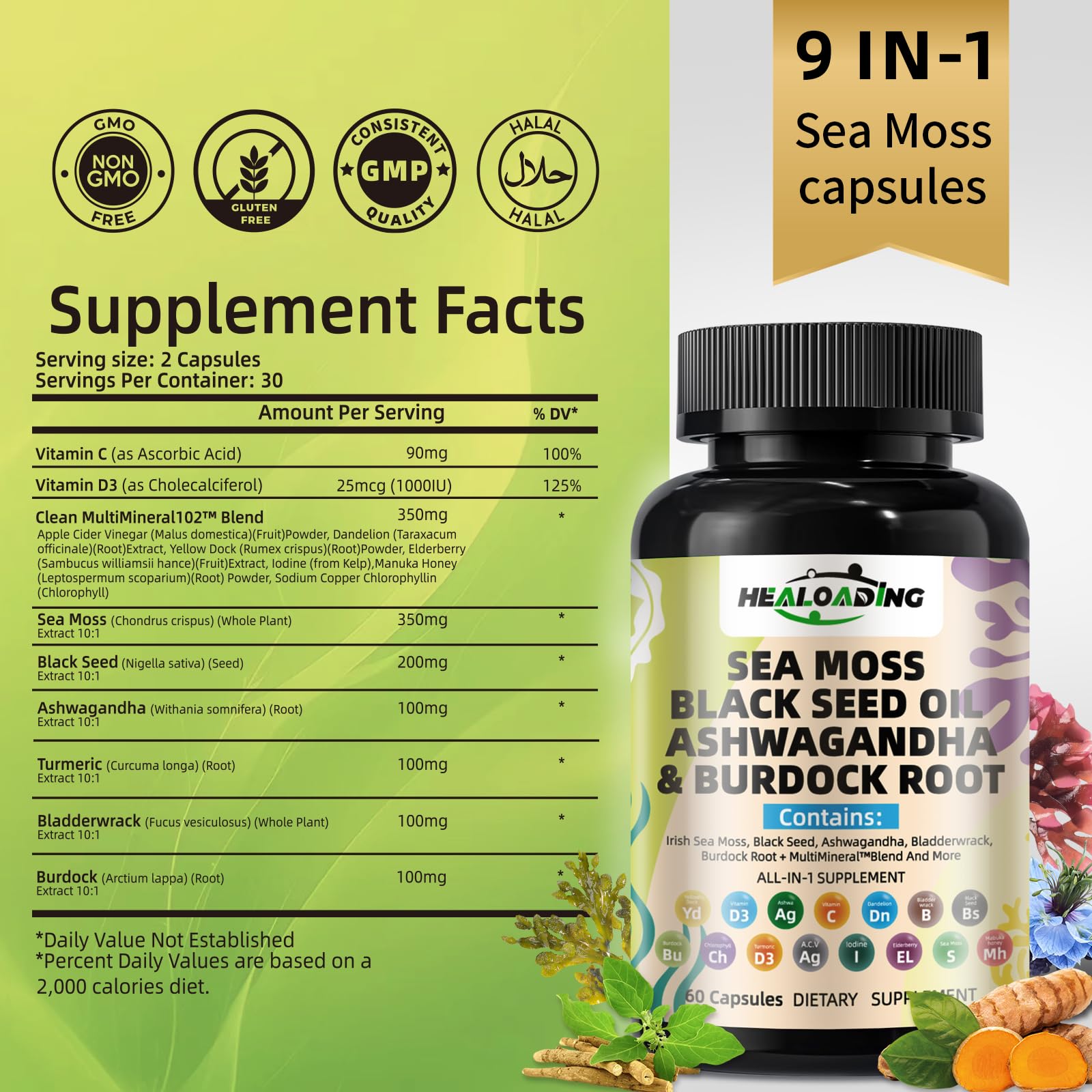 HEALOADING Sea Moss Capsules：Wildcrafted Organic Irish Seamoss & Bladderwack - Rich in Minerals, Supports Thyroid Health, Digestion, Skin & Immune System - Vegan, Non-GMO HEALOADING buy supplements canada
