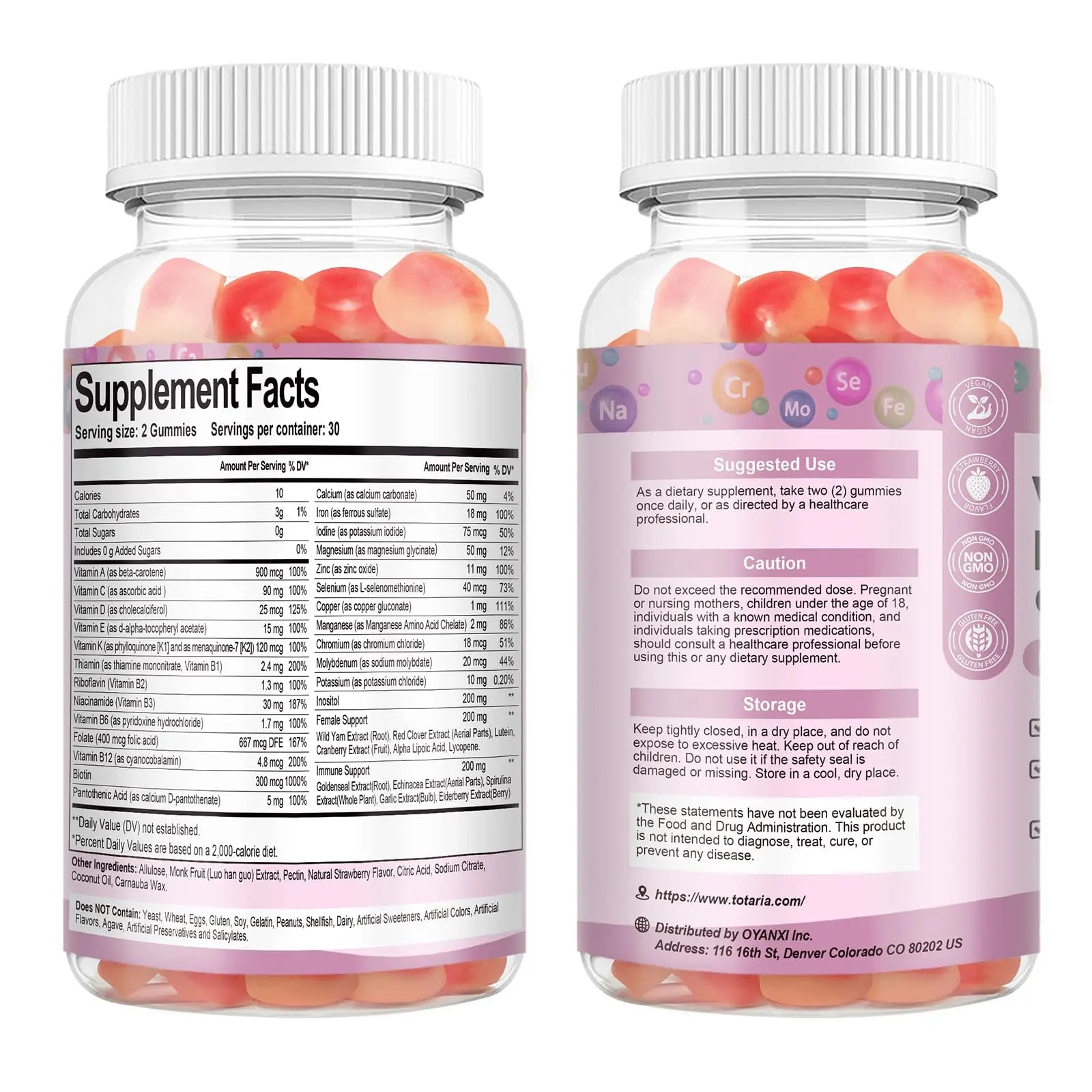 Totaria Sugar Free Multivitamin Gummies for Women 14+ w/Iron, Inositol, Folate, Biotin, Womens Daily Multivitamin Gummy w/Vitamin A, C, B, D3, K2 Totaria buy supplements canada