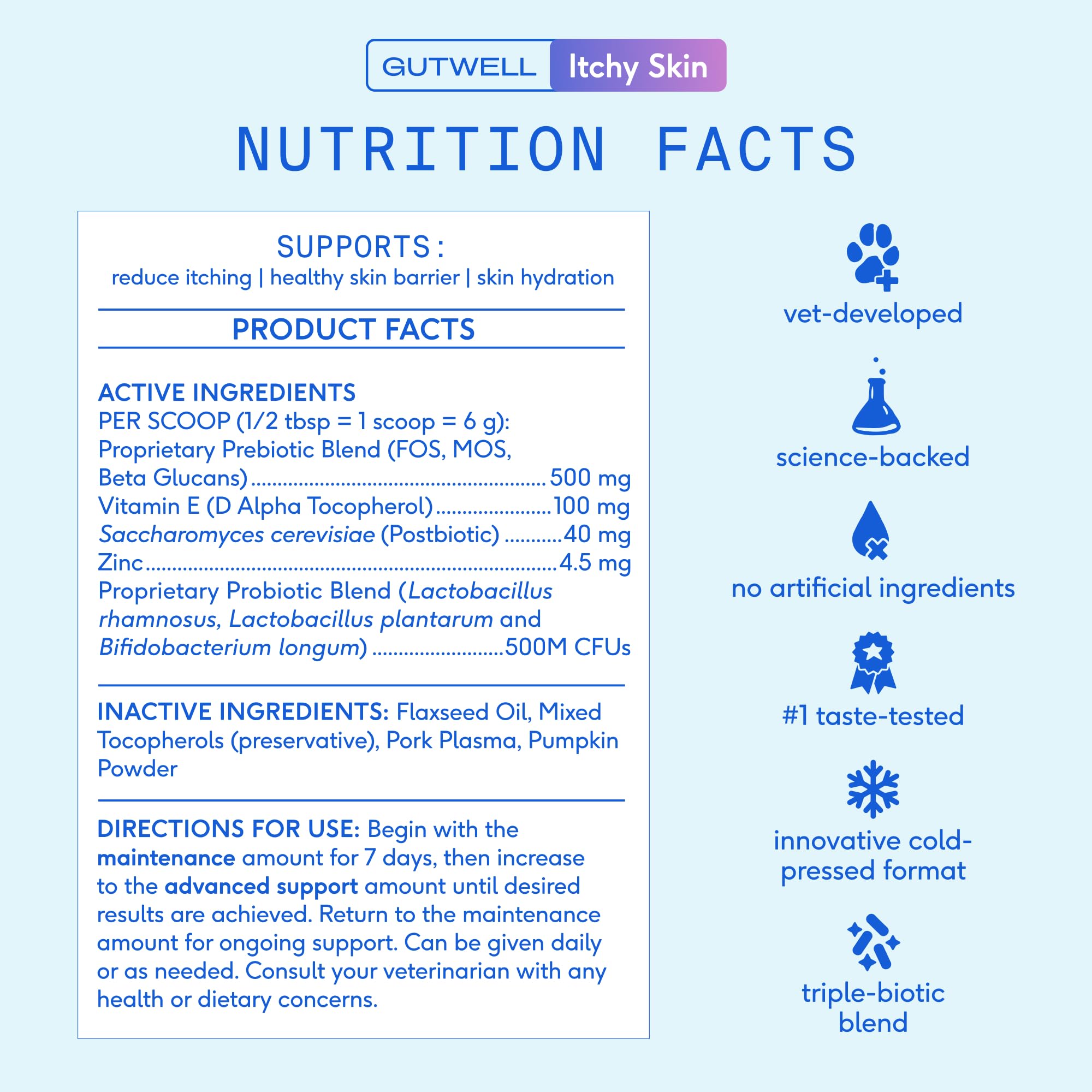 GutWell Itchy Skin - Dog Itching Skin Relief & Seasonal Allergy Itch Relief for Dogs - Promotes Skin Hydration, Elasticity & Healthy Barrier with Triple-biotic Blend, Zinc, & Vitamin E - 60 Scoops Native Pet buy supplements canada