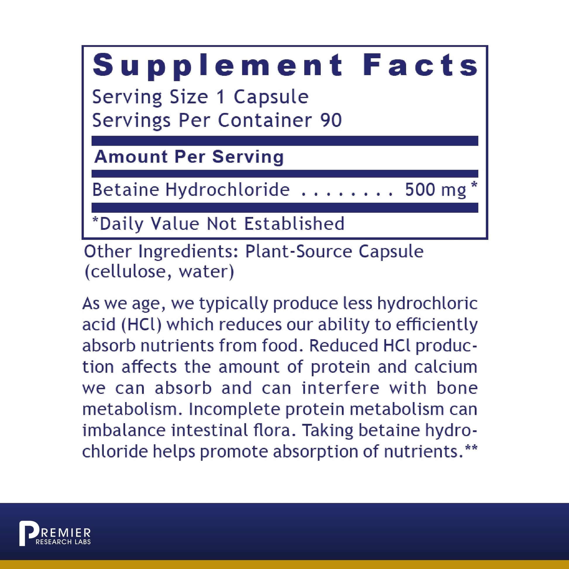 Premier Research Labs Premier HCL - Betaine HCL, Betaine Hydrochloride Supplement for Optimal Digestive Function, Nutrient Absorption, Betaine-HCL for Low Stomach Acid- 90 Vegetarian Capsules Premier Research Labs buy supplements canada