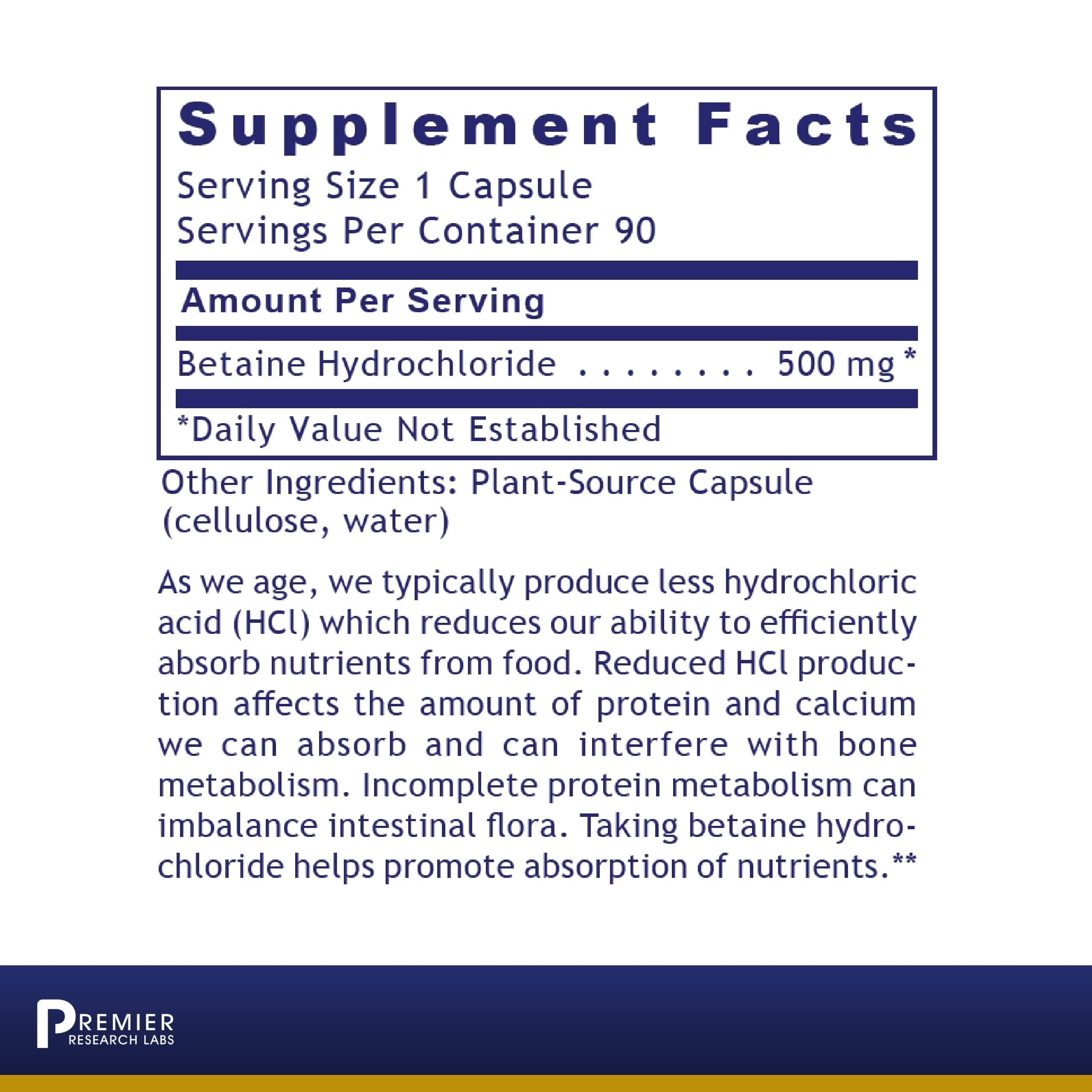 Premier Research Labs Premier HCL - Betaine HCL, Betaine Hydrochloride Supplement for Optimal Digestive Function, Nutrient Absorption, Betaine-HCL for Low Stomach Acid- 90 Vegetarian Capsules Premier Research Labs buy supplements canada