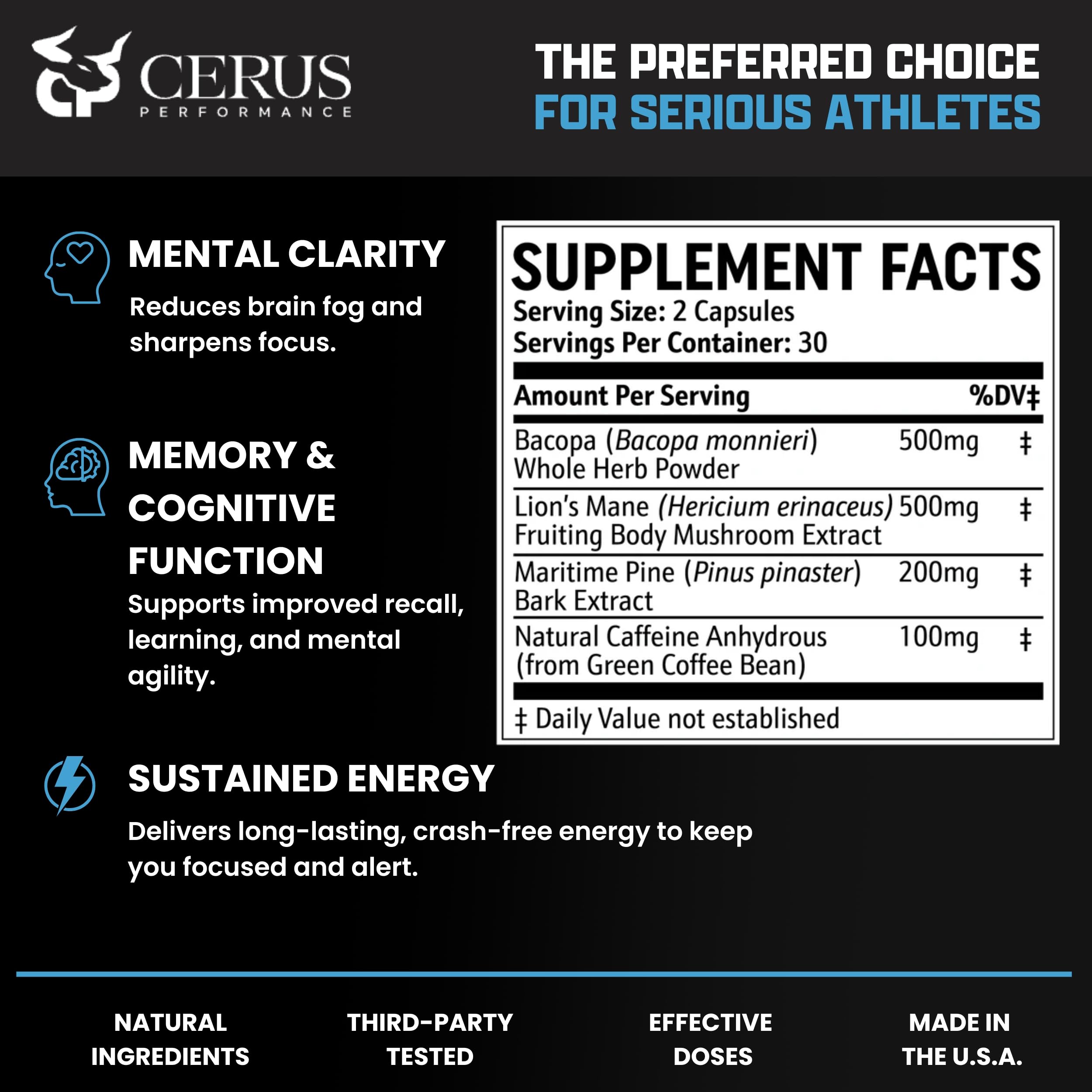 Cerus Performance Focus Nootropic Supplement - Enhances Mental Clarity, Boosts Memory & Cognitive Function, Improves Alertness - Ideal for Athletes & Fitness Enthusiasts - 60 Capsules Cerus buy supplements canada