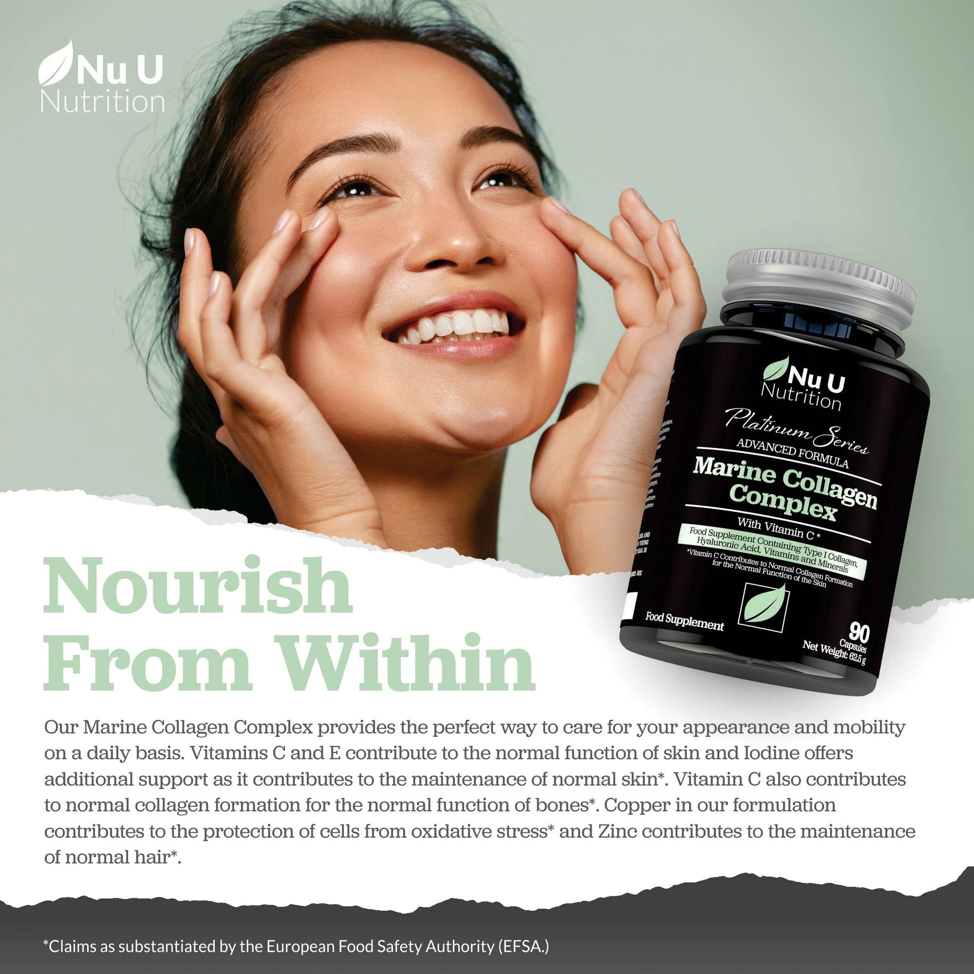 Marine Collagen with Hyaluronic Acid, Vitamin C - 90 Hydrolysed Capsules (not Tablets) - Premium High Strength Collagen Nu U Nutrition buy supplements canada