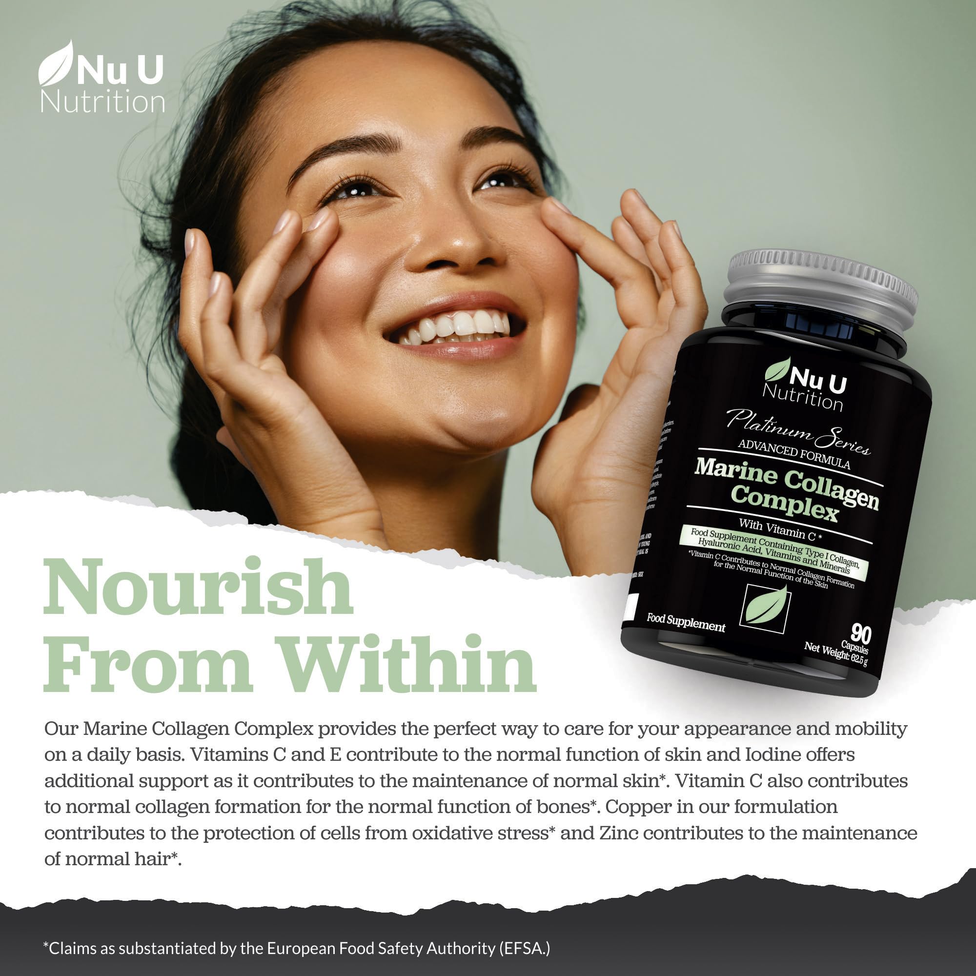 Marine Collagen with Hyaluronic Acid, Vitamin C - 90 Hydrolysed Capsules (not Tablets) - Premium High Strength Collagen Nu U Nutrition buy supplements canada