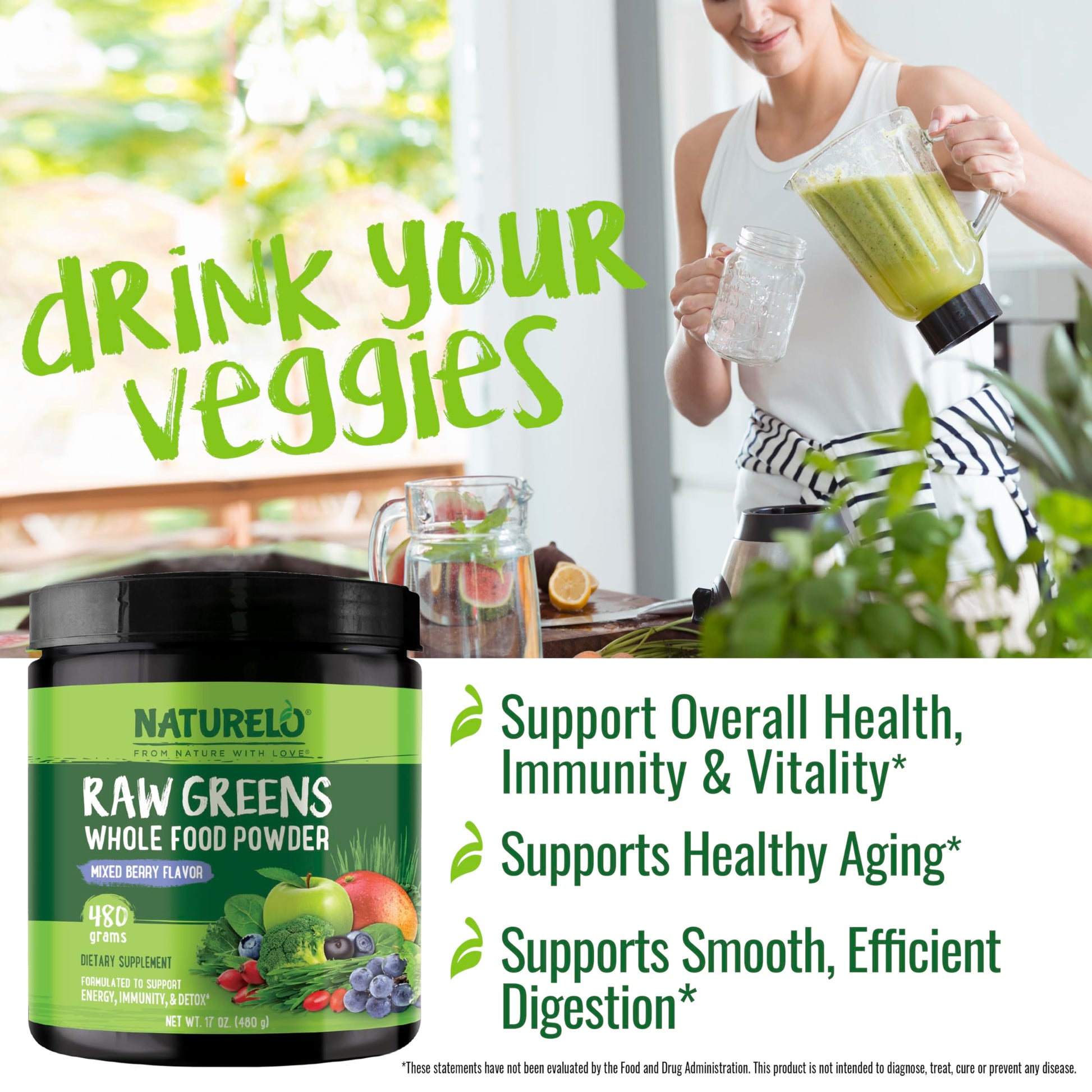 NATURELO Raw Greens Superfood Powder 480 Grams, Mixed Berry - Supports Energy, Immunity and Detox - Includes Spirulina, Wheat Grass and Organic NATURELO buy supplements canada