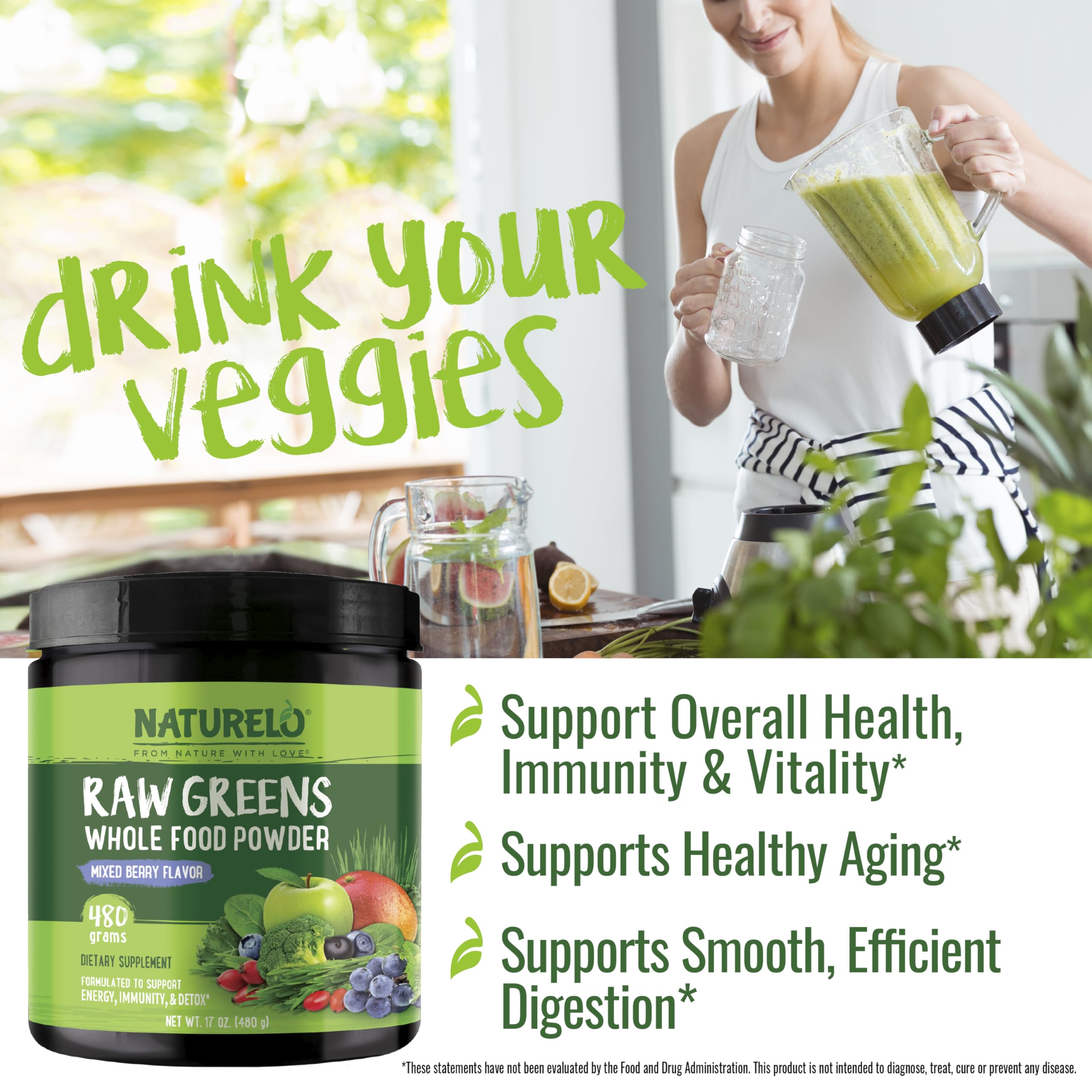 NATURELO Raw Greens Superfood Powder 480 Grams, Mixed Berry - Supports Energy, Immunity and Detox - Includes Spirulina, Wheat Grass and Organic NATURELO buy supplements canada