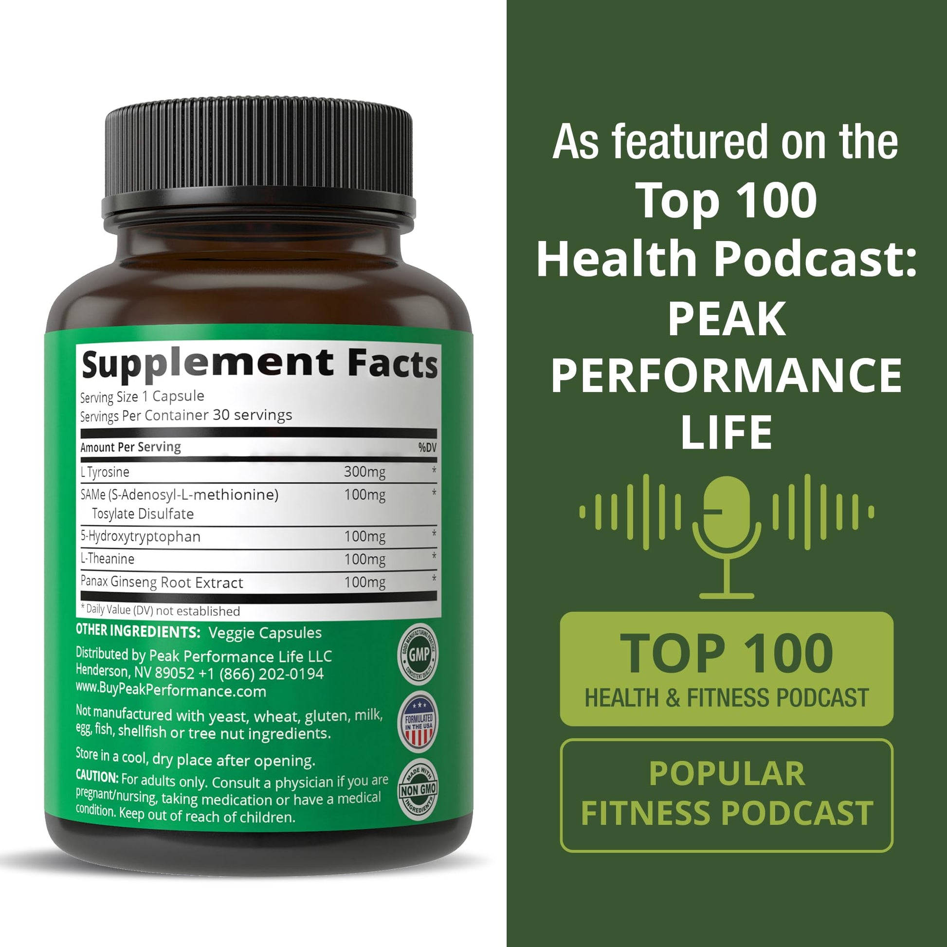 Peak Performance Mood Support Supplement with 5 Top Ingredients: 5HTP, SAM e, L Tyrosine, L Theanine, and Panax Ginseng. Calm, Focus, Relaxation Supplements. Vegan Peak Performance buy supplements canada