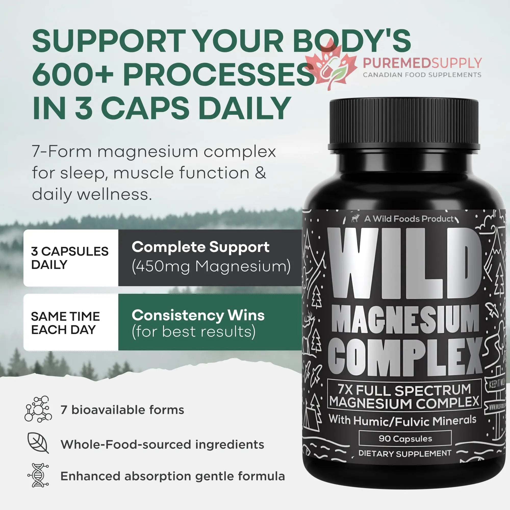 Wild Foods Magnesium Complex Supplement with 7X Forms, 90 Capsules | High Absorption, Full Spectrum, Easy Digestion | 500mg Glycinate, Bisglycinate, Malate, Orotate, Citrate, Taurate Wild Foods buy supplements canada