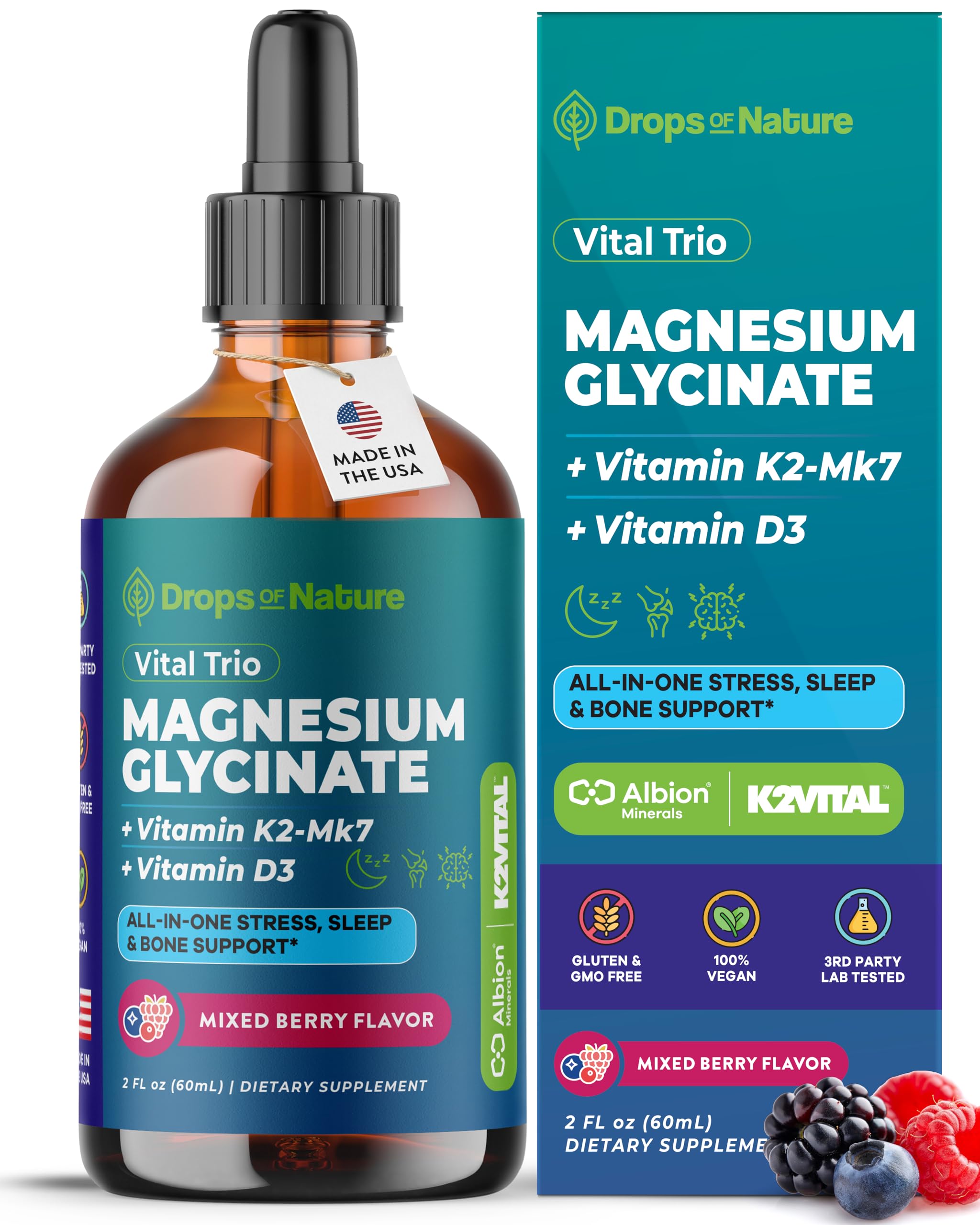 Magnesium Glycinate, Vitamin K2 & D3 Supplement – GMO-Free – VIT D MK7 K2 Vitamin Supplement & Magnesium Blend – with Nutrients for Bone Nutrition & Cardiovascular Function (Mixed Berry, 60 mL) Drops Of Nature buy supplements canada