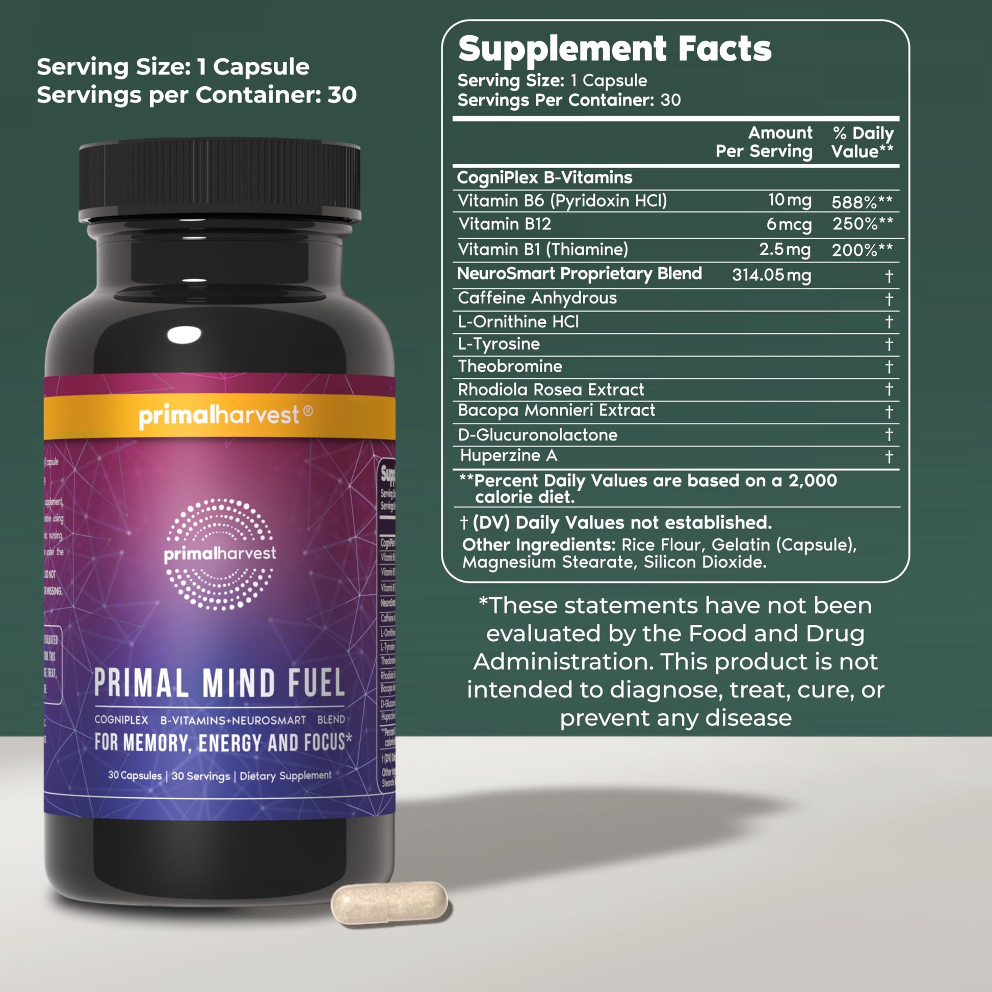 Primal Harvest Brain Supplement, Primal Mind Fuel Brain Booster for Focus, Energy, Clarity, Memory Brain Health 30 Capsules Nootropics Brain Support Supplement for Men and Women (2 Pack (30 Count)) Primal Harvest buy supplements canada