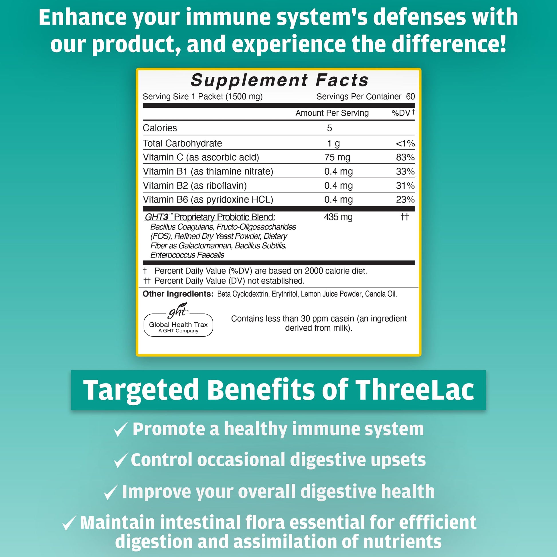 GHT - ThreeLac Lemon Probiotic Drink Mix for Digestive Health - Advanced Probiotic Powder Formula for Men, Women, and Kids - Immune Support & Gut Balance, Non-GMO - 240 Packets ght Global Health Trax buy supplements canada