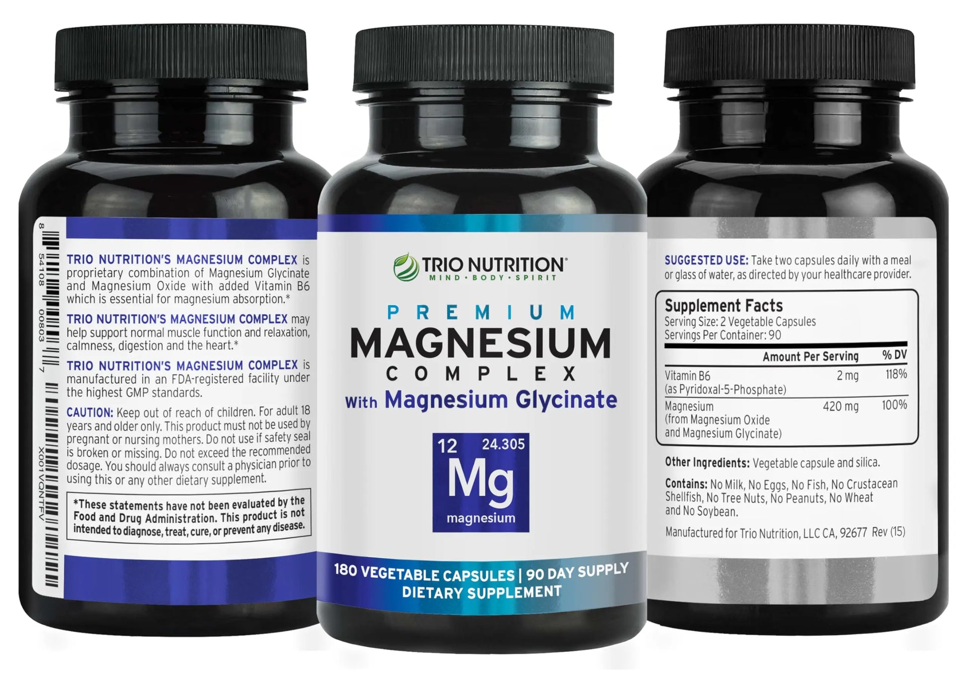 Trio Nutrition Magnesium Complex 90 Day Supply 420 mg | Natural Calm, Relax, Stress Relief, and Muscle Recovery |Magnesium Glycinate Supplement with Vitamin B6 for Rapid Absorption* TRIO NUTRITION buy supplements canada