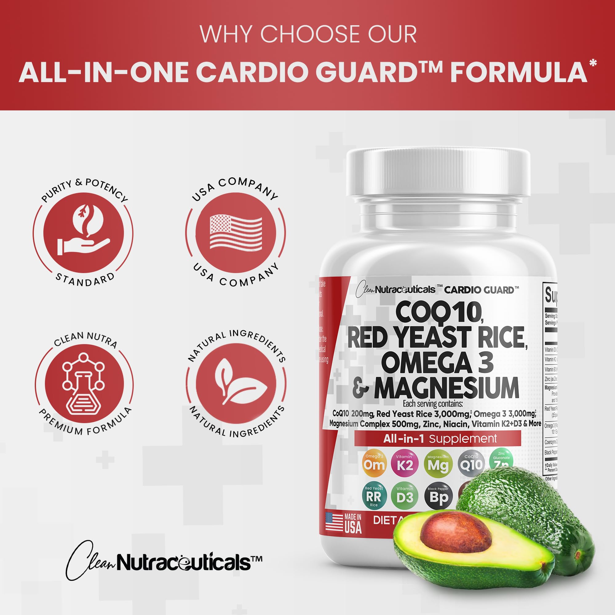 COQ10 200mg Red Yeast Rice 3000mg Omega 3 3000mg Magnesium Clean Nutraceuticals buy supplements canada