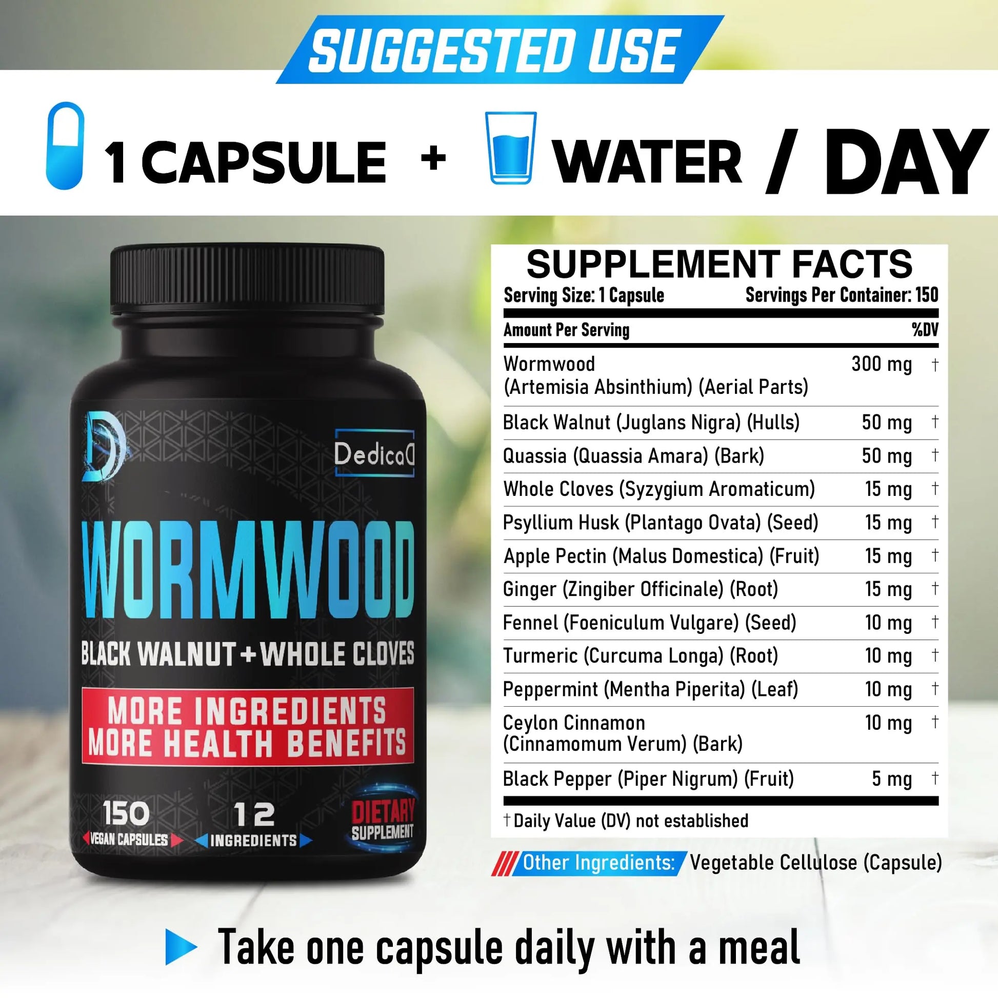 DEDICAD Premium Wormwood Extract Capsules - 5 Month Supply for Immune - 12 Herbs Blended with Black Walnut Leaves, Ginger, Turmeric & More - 150 Counts DEDICAD buy supplements canada