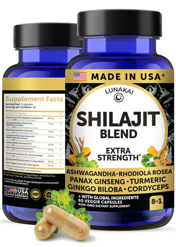 Lunakai USA Made Pure Shilajit Capsules with Ashwagandha, Rhodiola & Cordyceps - Extra Strength Shilajit Extract for Men & Women, 60ct Lunakai buy supplements canada