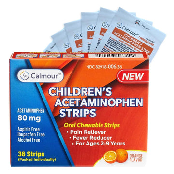 CALMOUR Children's Acetaminophen 36 Strips | Pain Reliever & Fever Reducer | Fast-Acting Support for Cold & Flu Symptoms | Oral Chewable Strips for Kids Ages 2-9 | Travel Size, Orange Flavor CALMOUR buy supplements canada