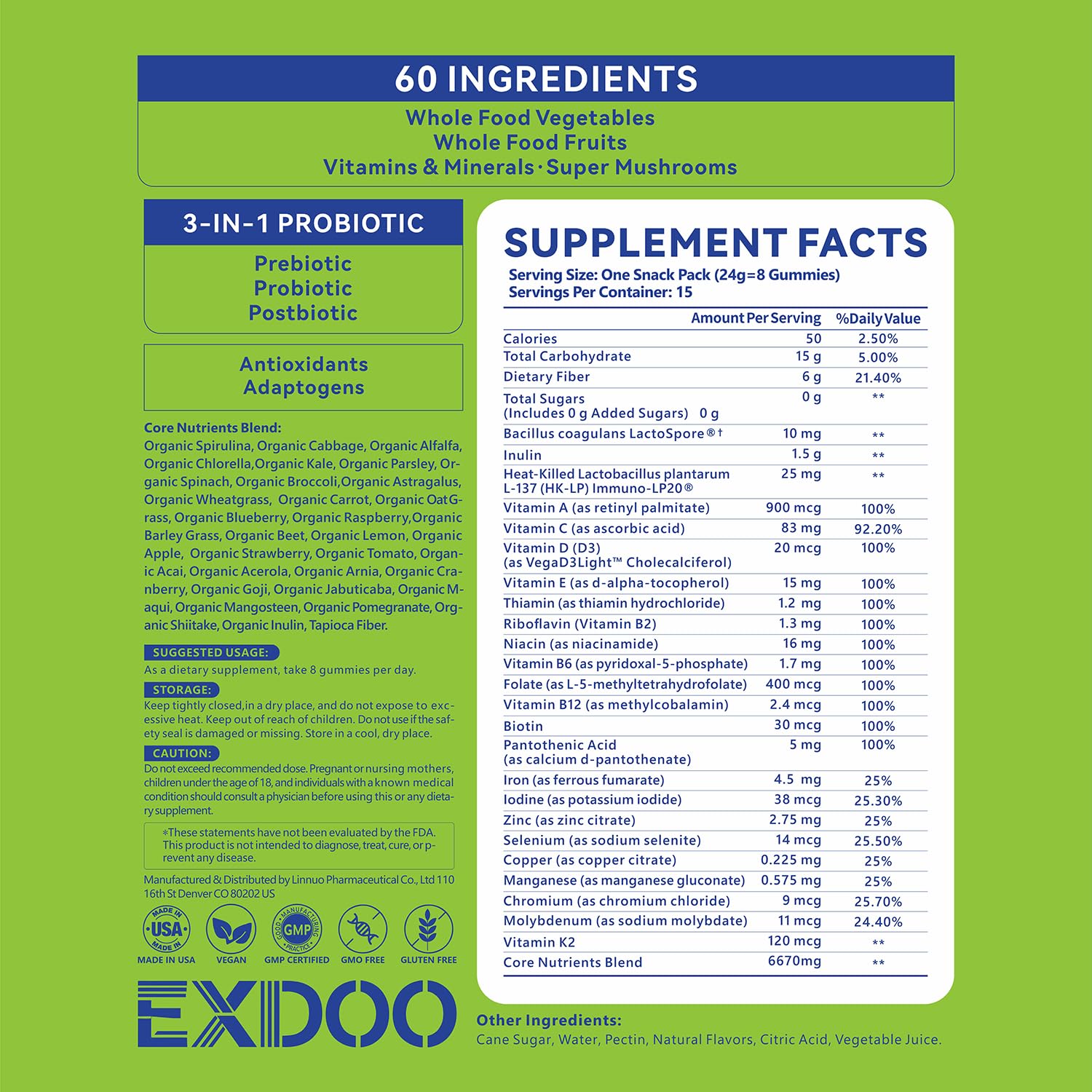 exdoo Super Greens Fiber Gummies Multivitamin Superfood Gummy with Spirulina Chlorella Prebiotic Probiotic Postbiotic for Digestive Health Supplement 15 Packs 120 Gummies exdoo buy supplements canada