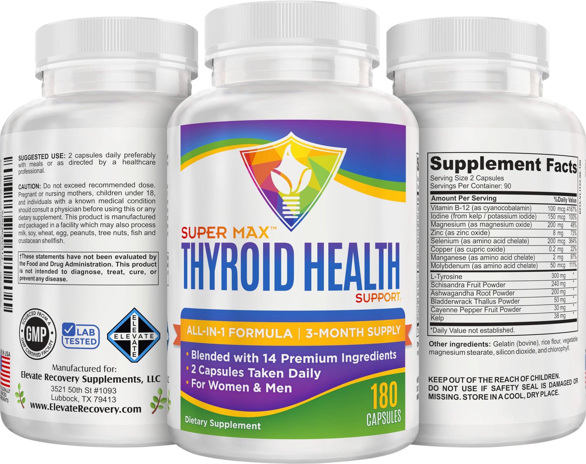Thyroid Support (3-Month) Supplement All-in-1 with 14 Active Ingredients in 1 Formula | Thyroid Health Support Supplements | Women & Men | 90-Day Bulk Supply | 180 Capsules Elevate Recovery Supplements buy supplements canada