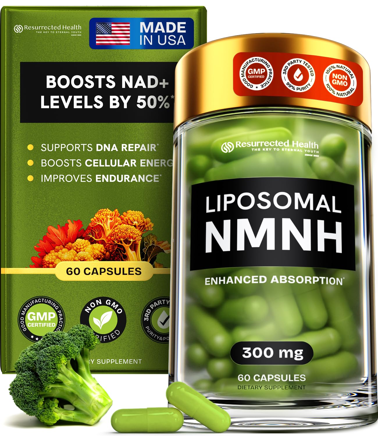 Resurrected Health Liposomal NMNH Supplement 300mg – Boosts NAD Anti-Aging, Energy & Focus – NMM Capsules Alternative to for Cellular Vitality – Third-Party Tested, 60 Vegan Capsules | 1 Pack Resurrected Health buy supplements canada