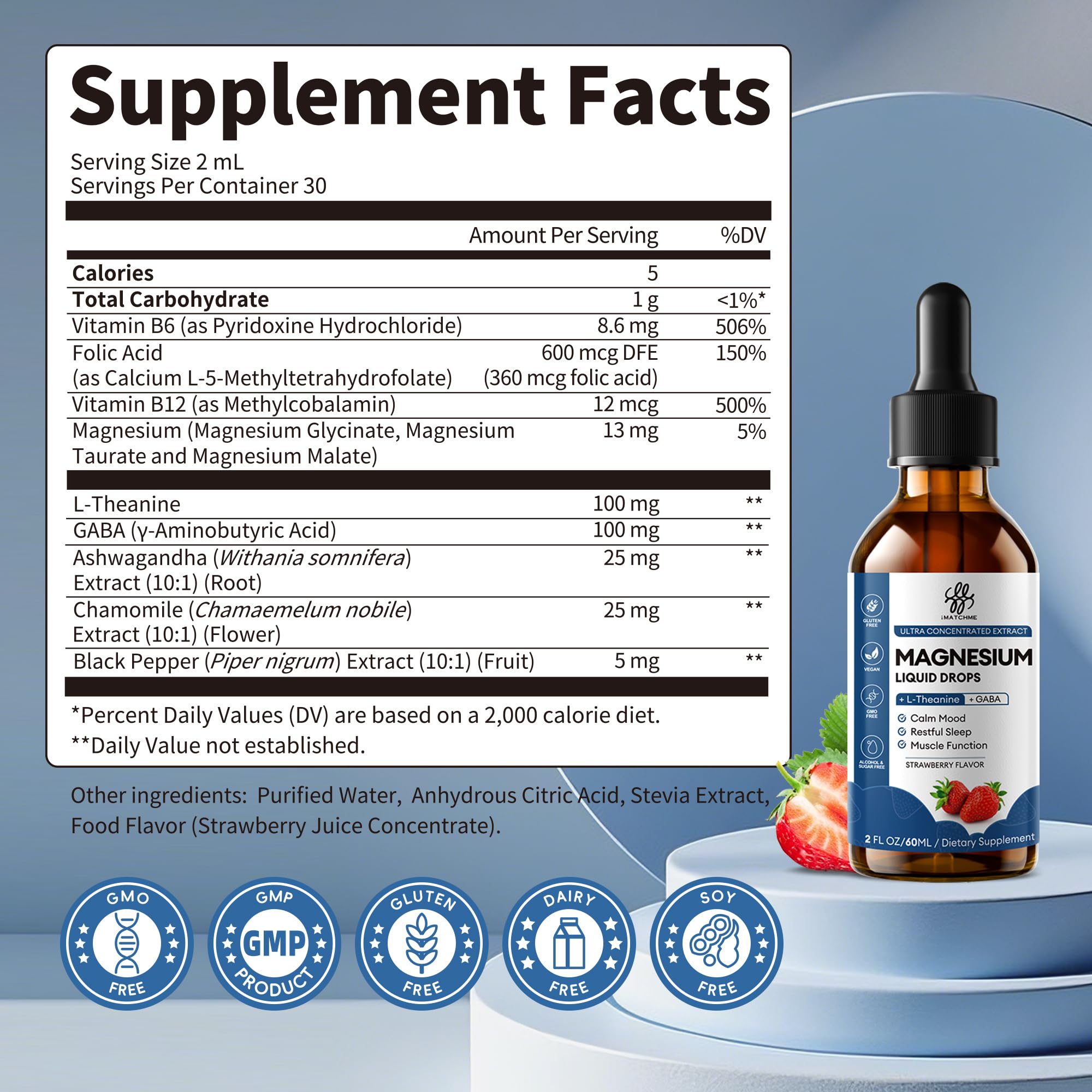 Liquid Magnesium Glycinate Drops for Nighttime Sleep & Calm Support, Triple Chelated Magnesium Complex with L-Theanine & GABA, Pre-Dissolved Liquid for Gentle Absorption, Strawberry Flavor, 2 Fl Oz iMATCHME buy supplements canada