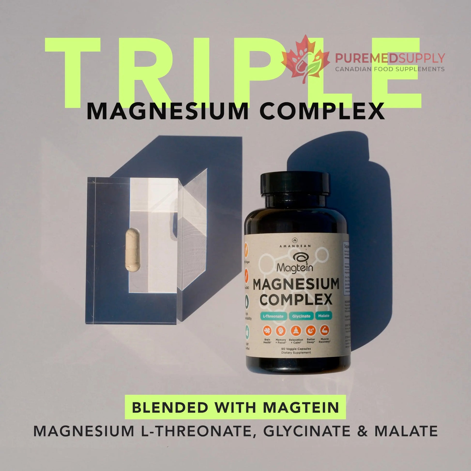 AMANDEAN Magtein Magnesium Complex. L-Threonate, Glycinate, Malate Triple Blend Chelated Magnesium Supplement. 90 Veggie Capsules. High Absorption Branded Ingredients. Brain Health, Sleep, Calm*. AMANDEAN buy supplements canada