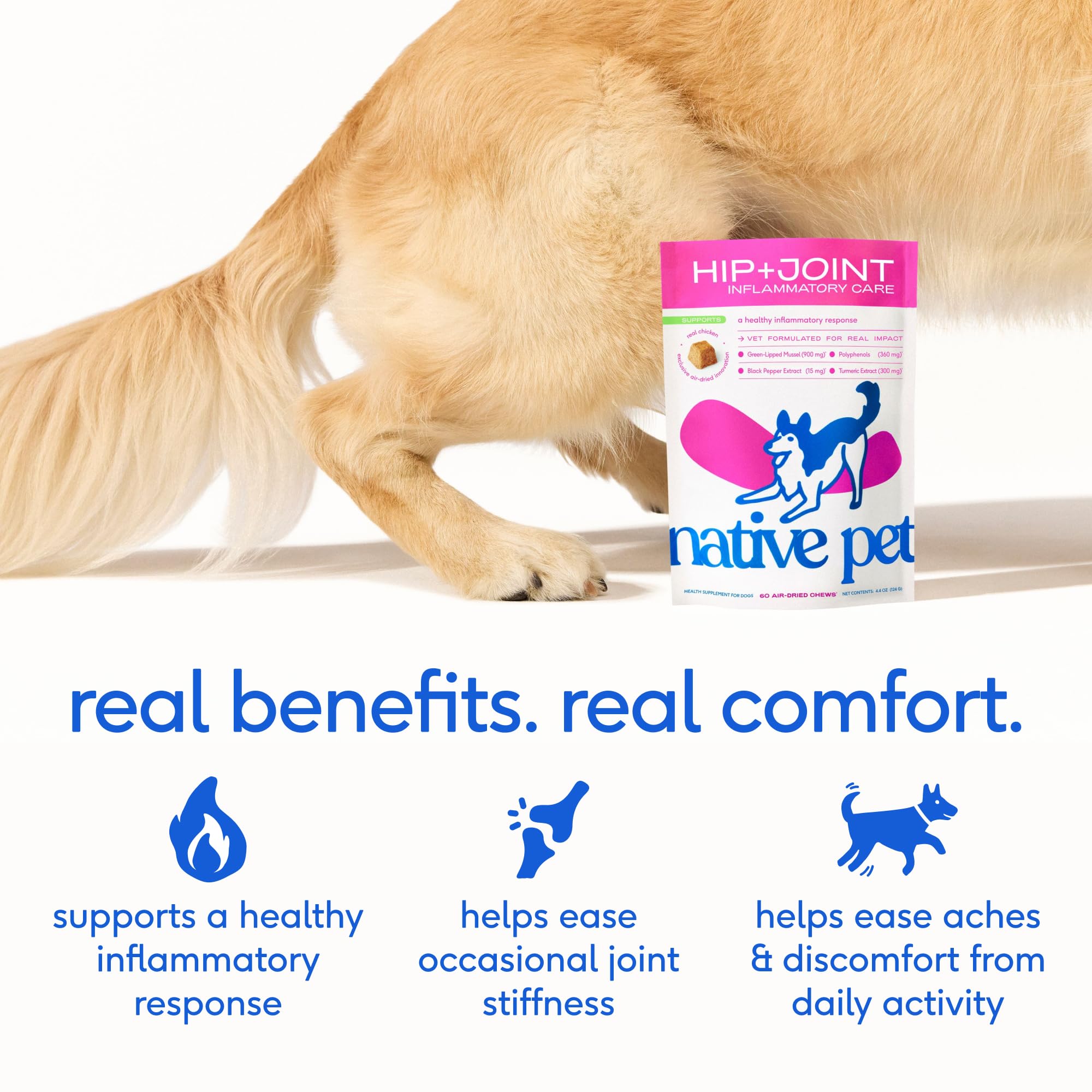 Native Pet Inflammatory Care - Pain Relief for Dogs - Green-Lipped Mussel, Turmeric & Collagen for Dogs - Hip and Joint Supplement Supports Healthy Inflammatory Response & Joint Comfort - 60 Chews Native Pet buy supplements canada