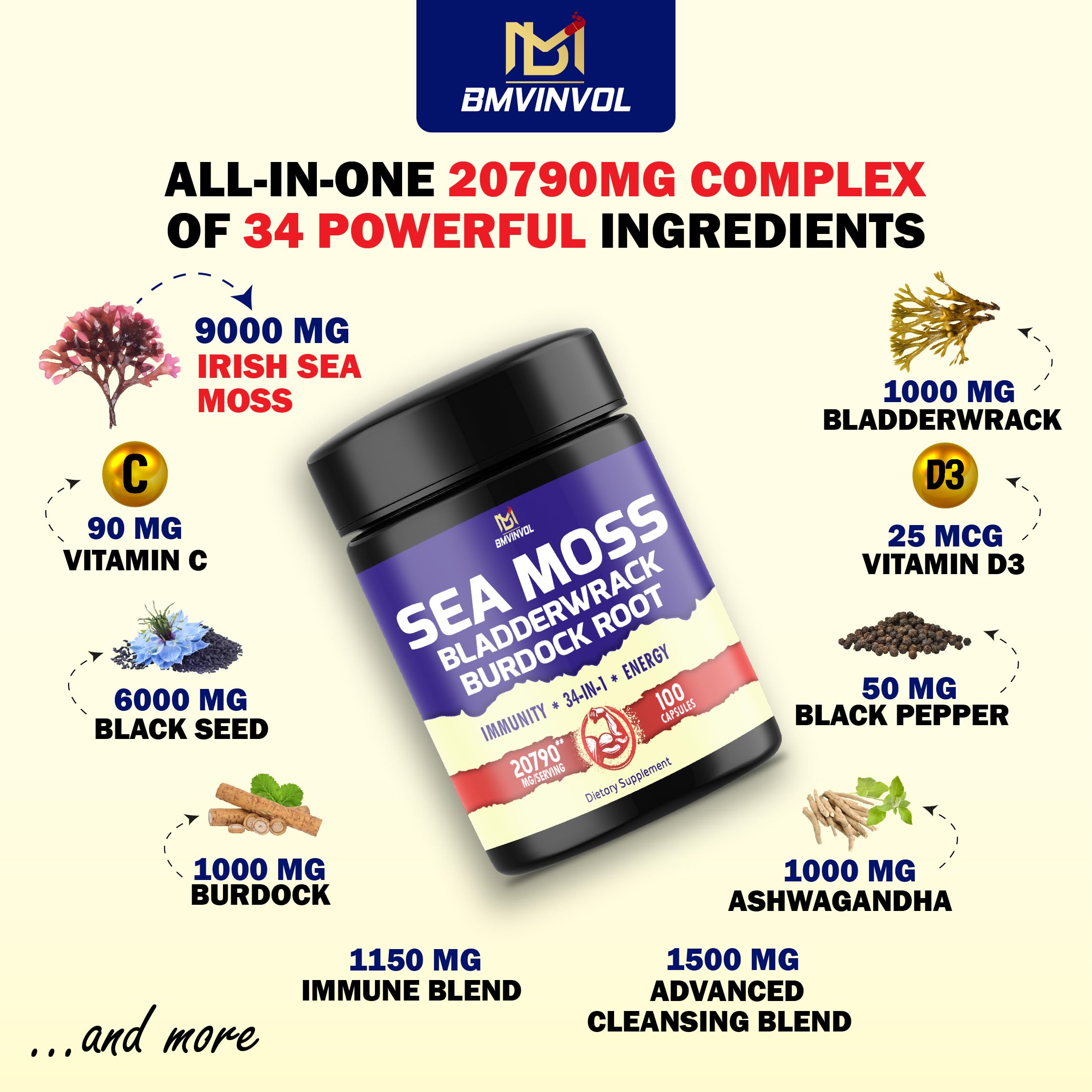 BMVINVOL 100 Capsules - Sea Moss Capsules 20790mg with Bladderwrack, Burdock BMVINVOL buy supplements canada