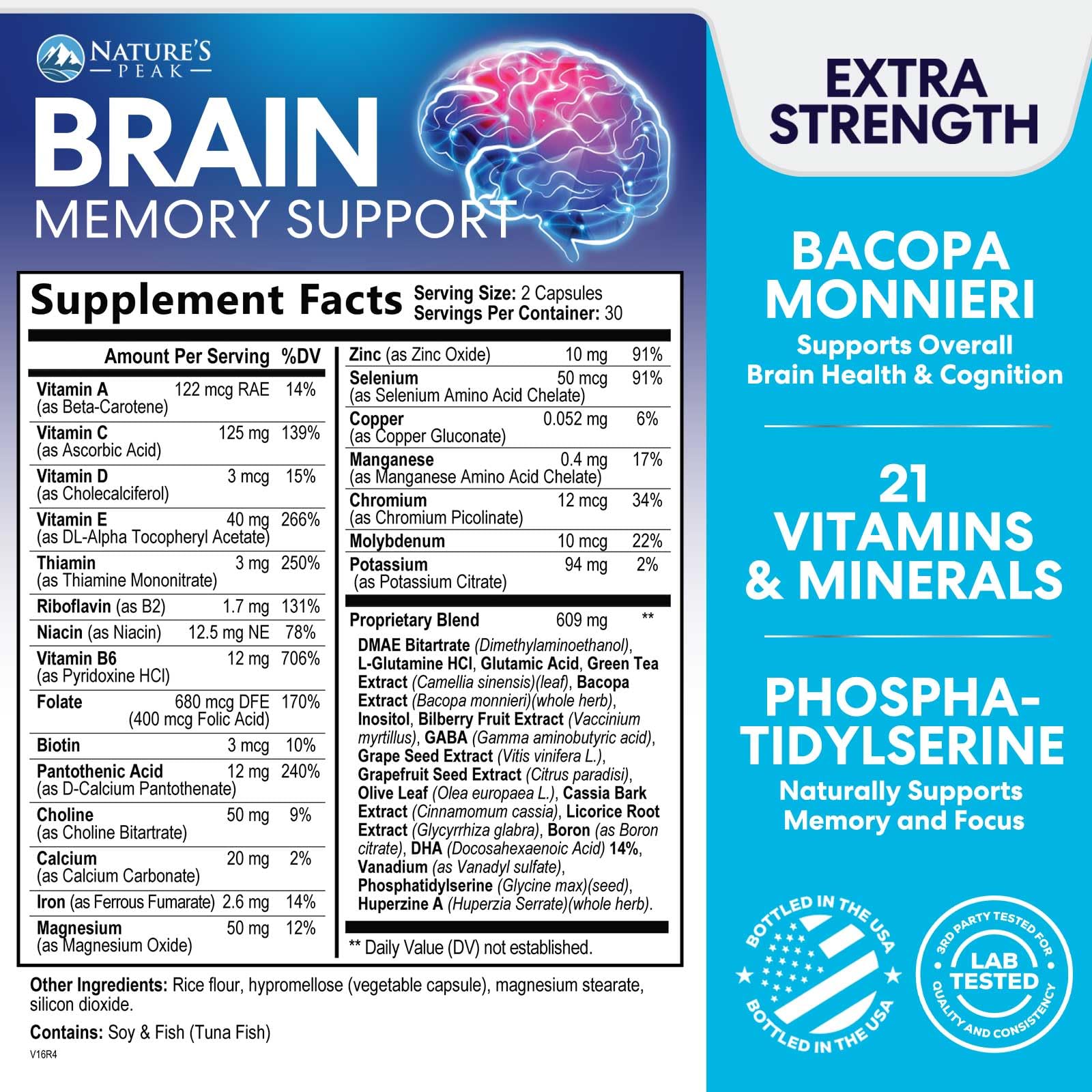 Brain Memory Supplement - 3X Strength Nootropics for Concentration, Clarity & Focus Support - Brain Health Cognitive Vitamins with Bacopa, Phosphatidylserine & DMAE, Brain Booster Pills, 60 Capsules Nature's Peak buy supplements canada
