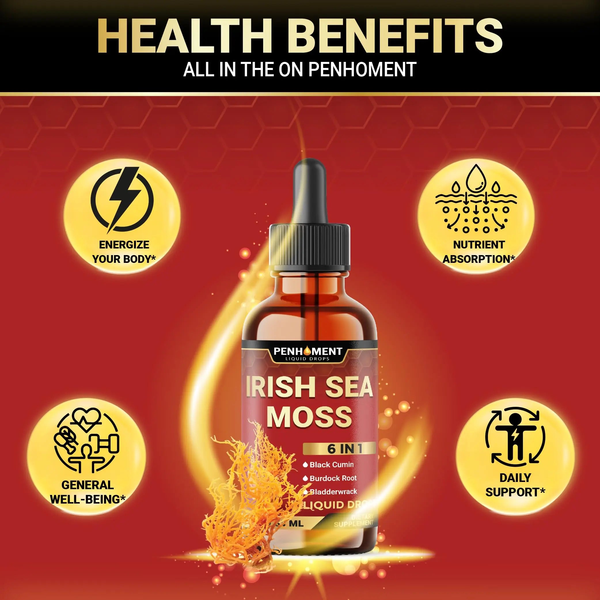 Penhoment 6in1 Sea Moss Drops with Black Seed Oil Irish Seamoss, Ashwagandha, Burdock Root & Bladderwrack - 1FL Oz - 30 Day Supply Penhoment buy supplements canada